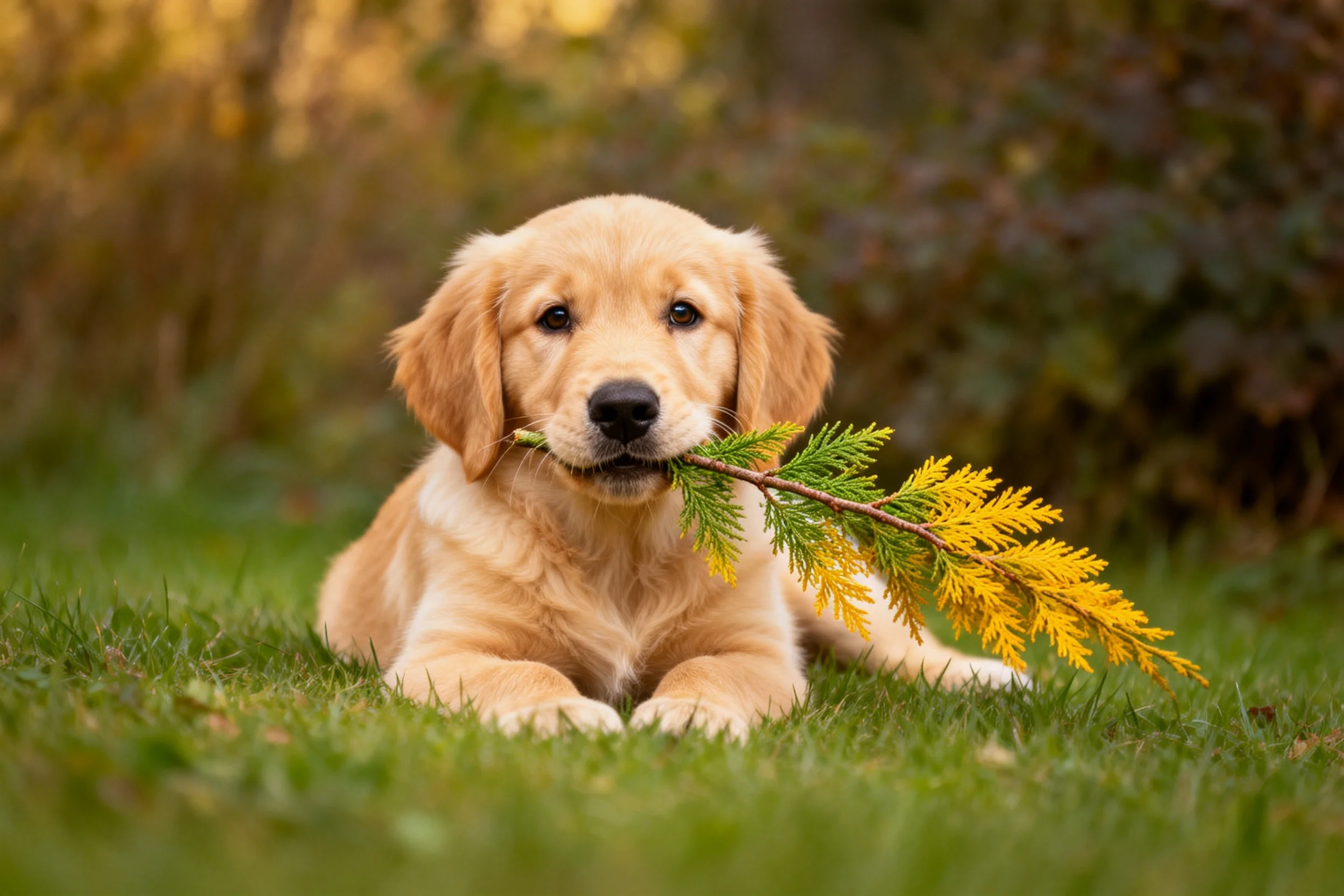 金毛寻回犬幼犬嘴里衔着带有黄绿色叶片的树枝,浅金色毛发清晰可见。