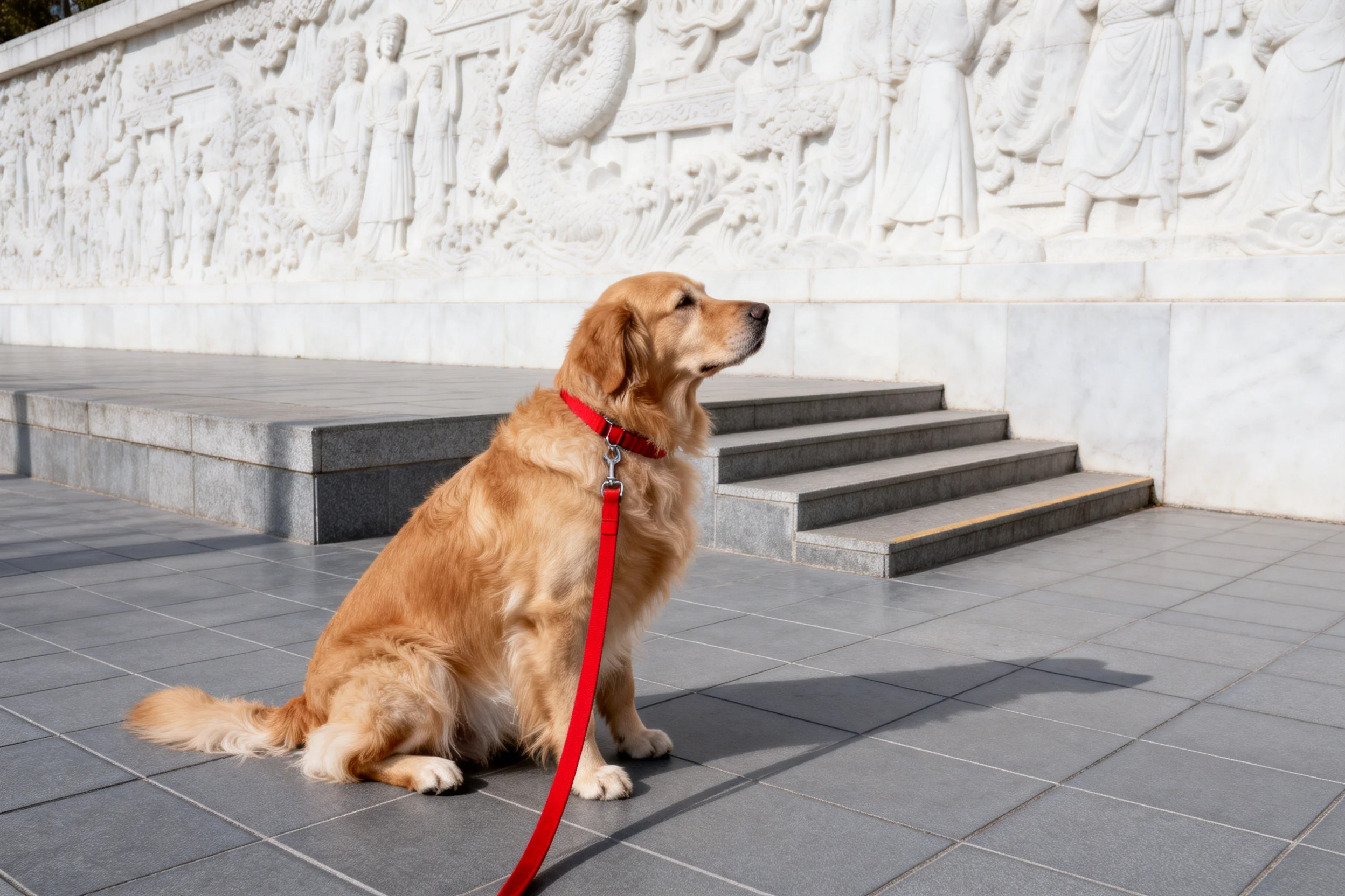 一只金毛犬正安静地坐着,浅金色被毛在光线照射下显得格外柔软。