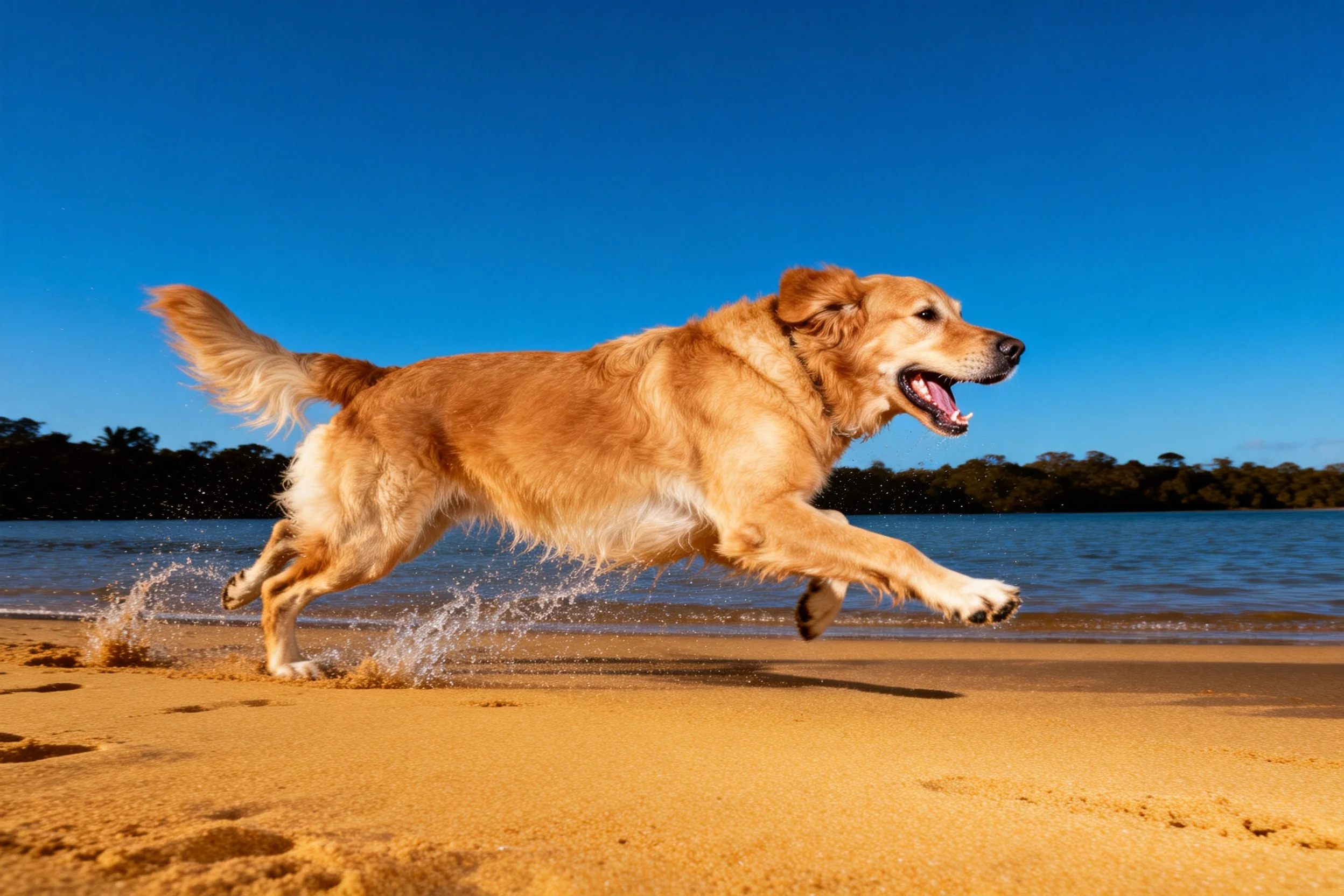 金毛寻回犬在沙滩上奔跑,金黄色的毛发与湿润的沙滩形成鲜明对比,嘴巴张开露出牙齿。