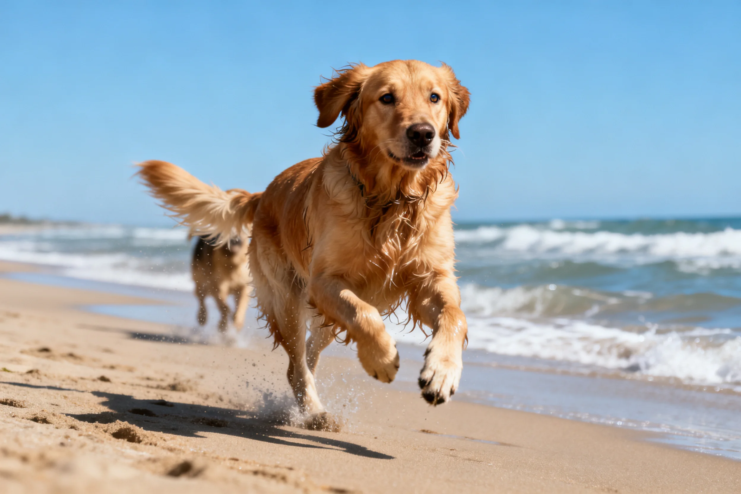 金毛寻回犬在沙滩上奔跑,毛发金黄且湿润,四肢有力地向前跃动。