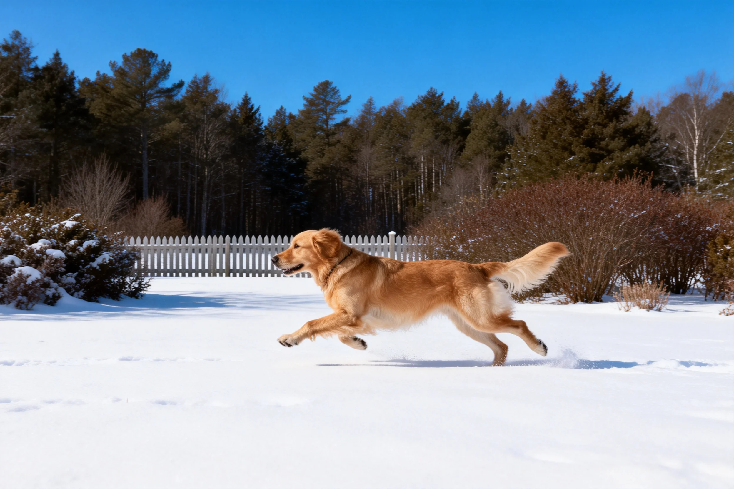 金毛寻回犬在雪地上奔跑,浅棕色毛发清晰,四肢有力地向前伸展。