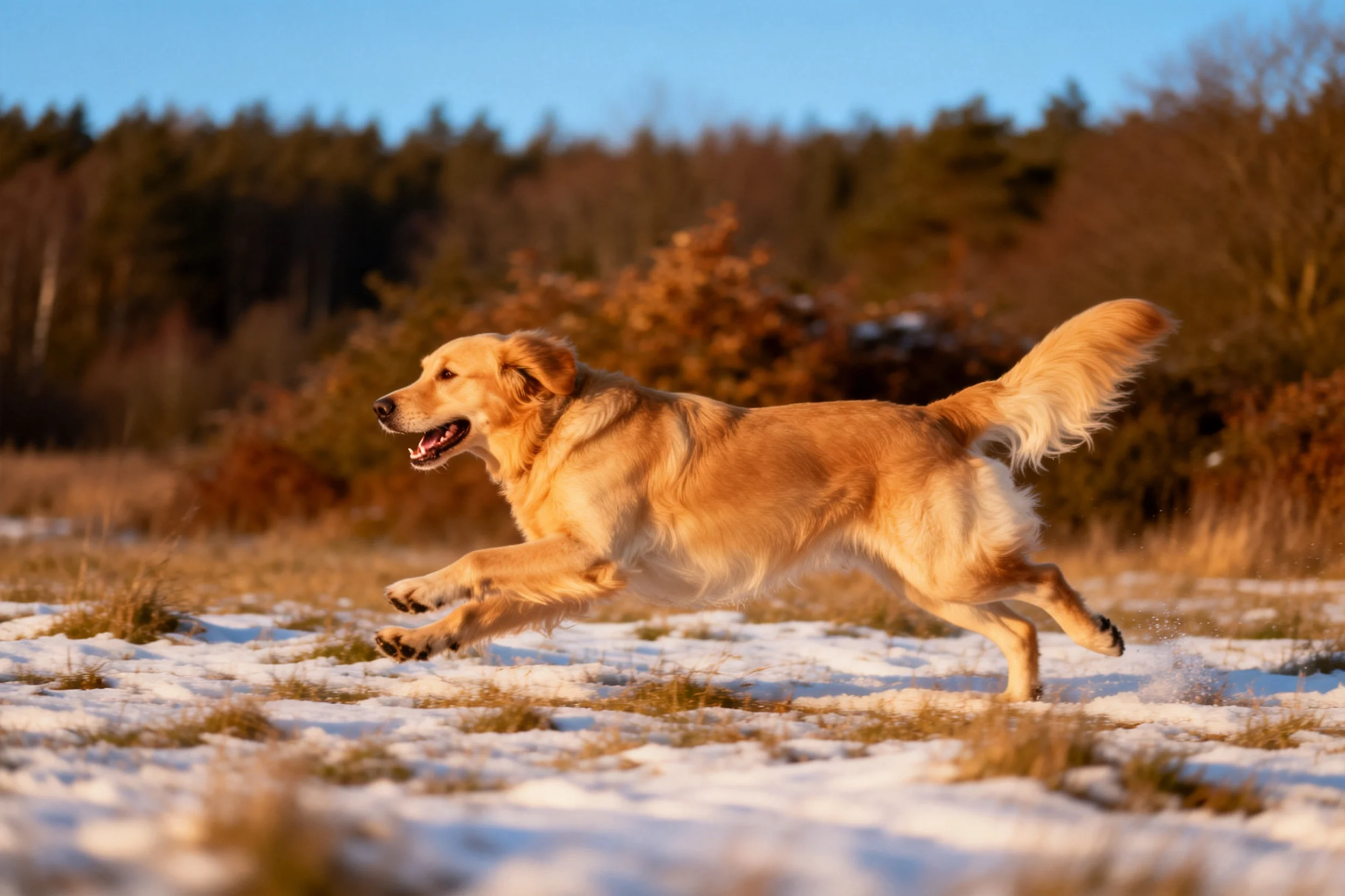 金毛寻回犬在雪地上奔跑,金黄色毛发在阳光下显得蓬松柔软。