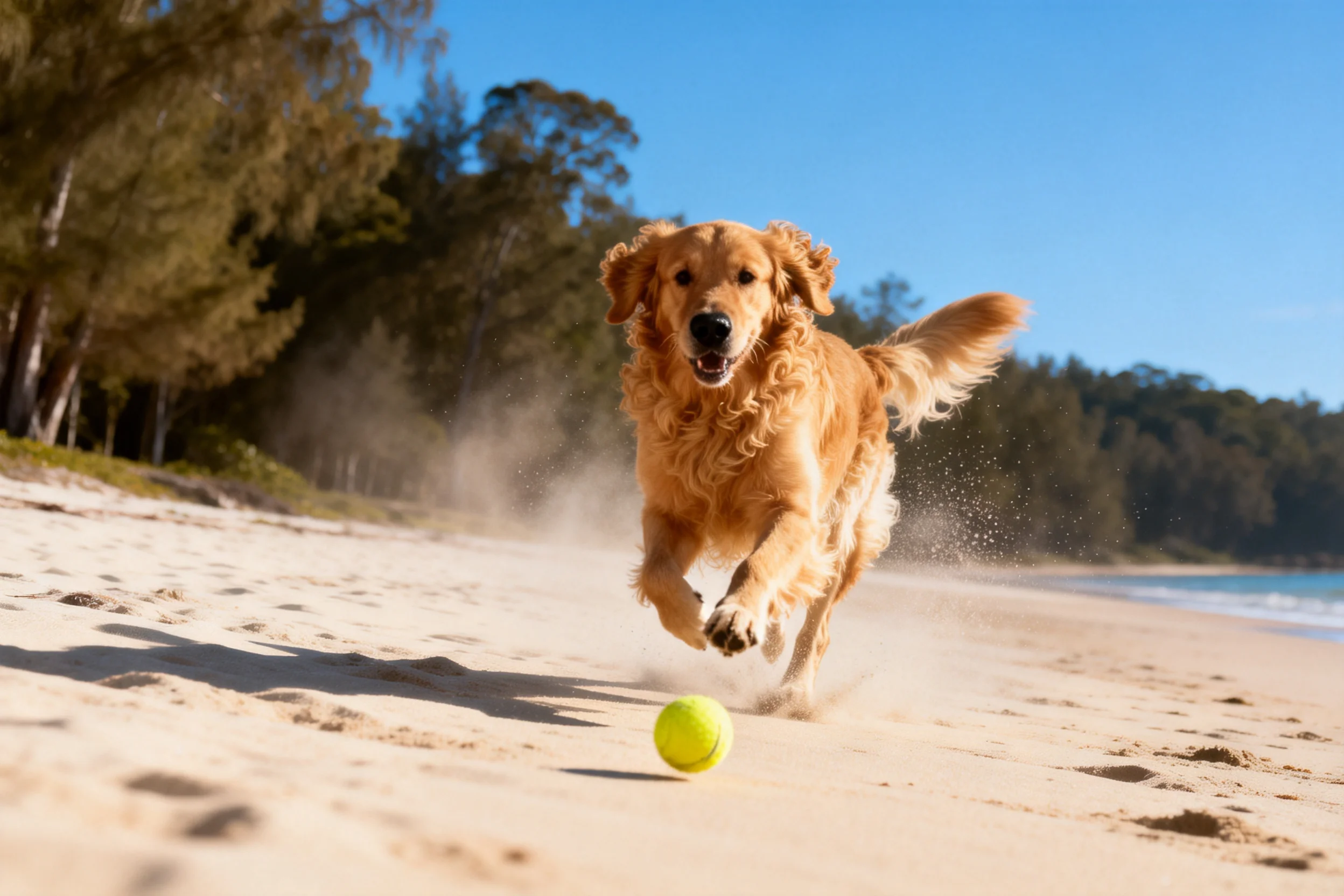 金毛寻回犬在沙滩上追逐黄色的网球,金黄色的毛发蓬松且富有光泽。