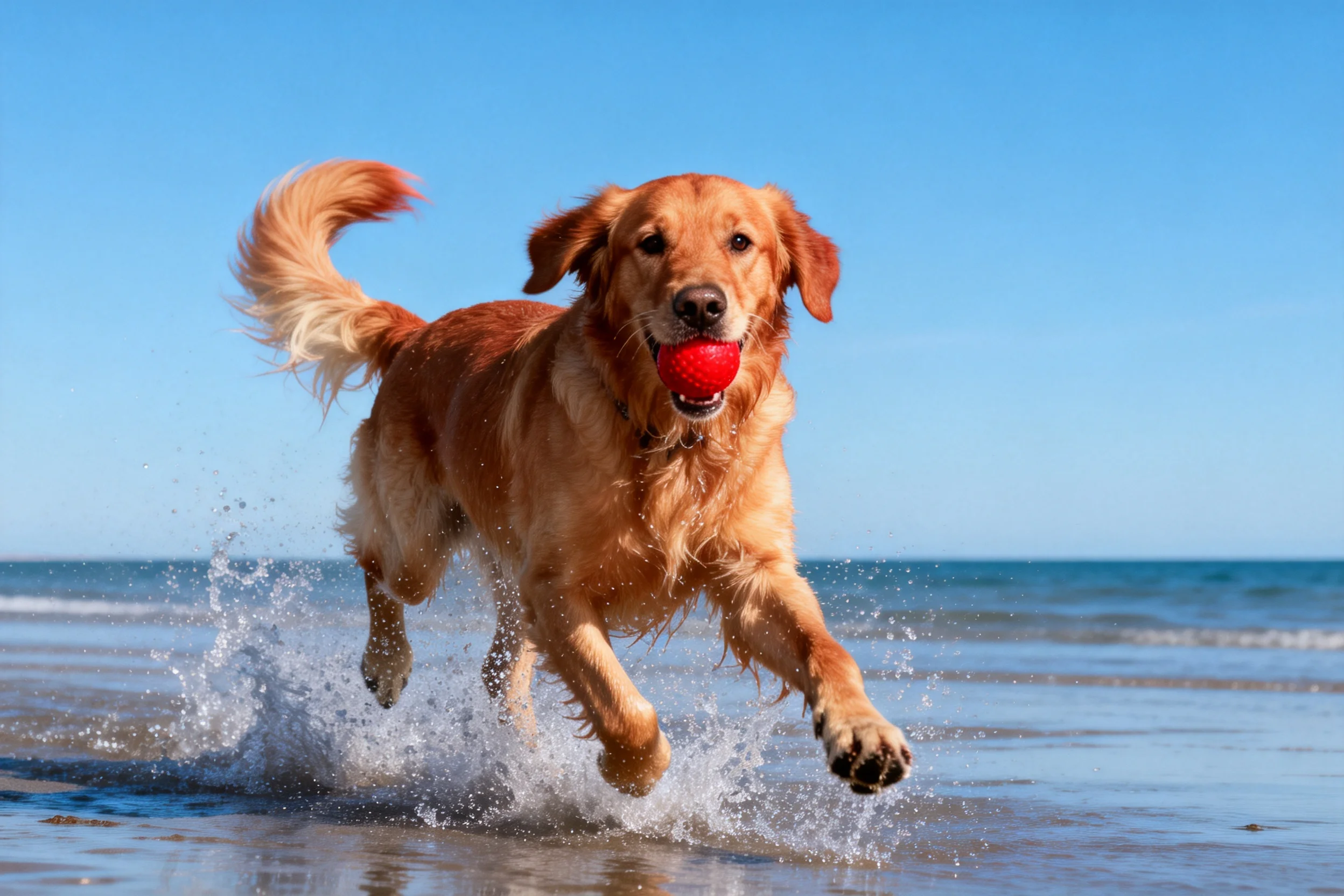 金毛寻回犬叼着红色玩具在海滩浅水中奔跑,金黄被毛在阳光下清晰可见。