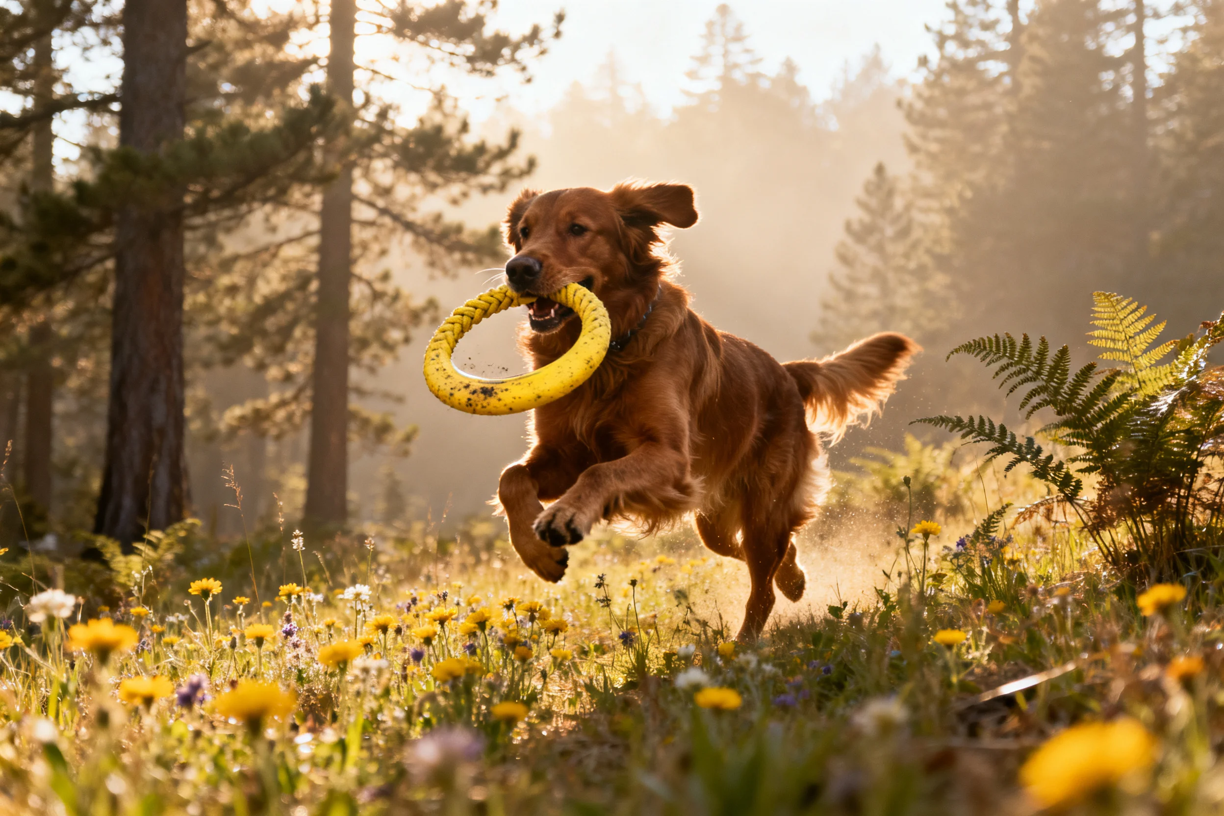金毛犬叼着黄色的环形玩具,金黄色的毛发在阳光下显得光滑有光泽。