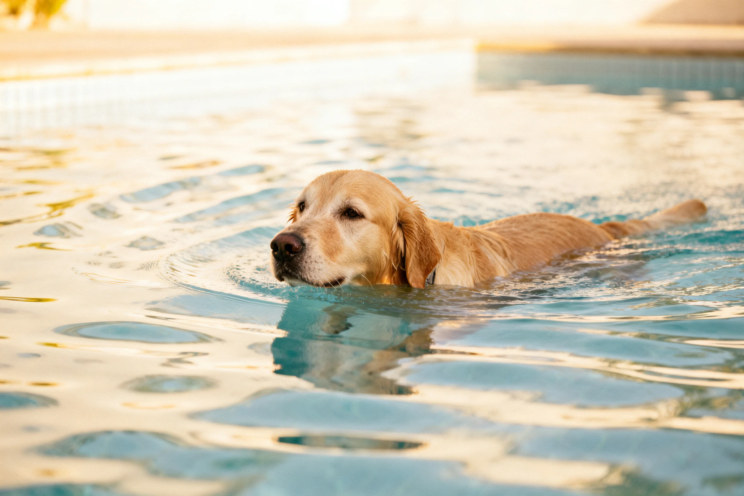 金毛寻回犬在水中游泳，毛发湿润贴在额头部位，水面呈现涟漪效果。