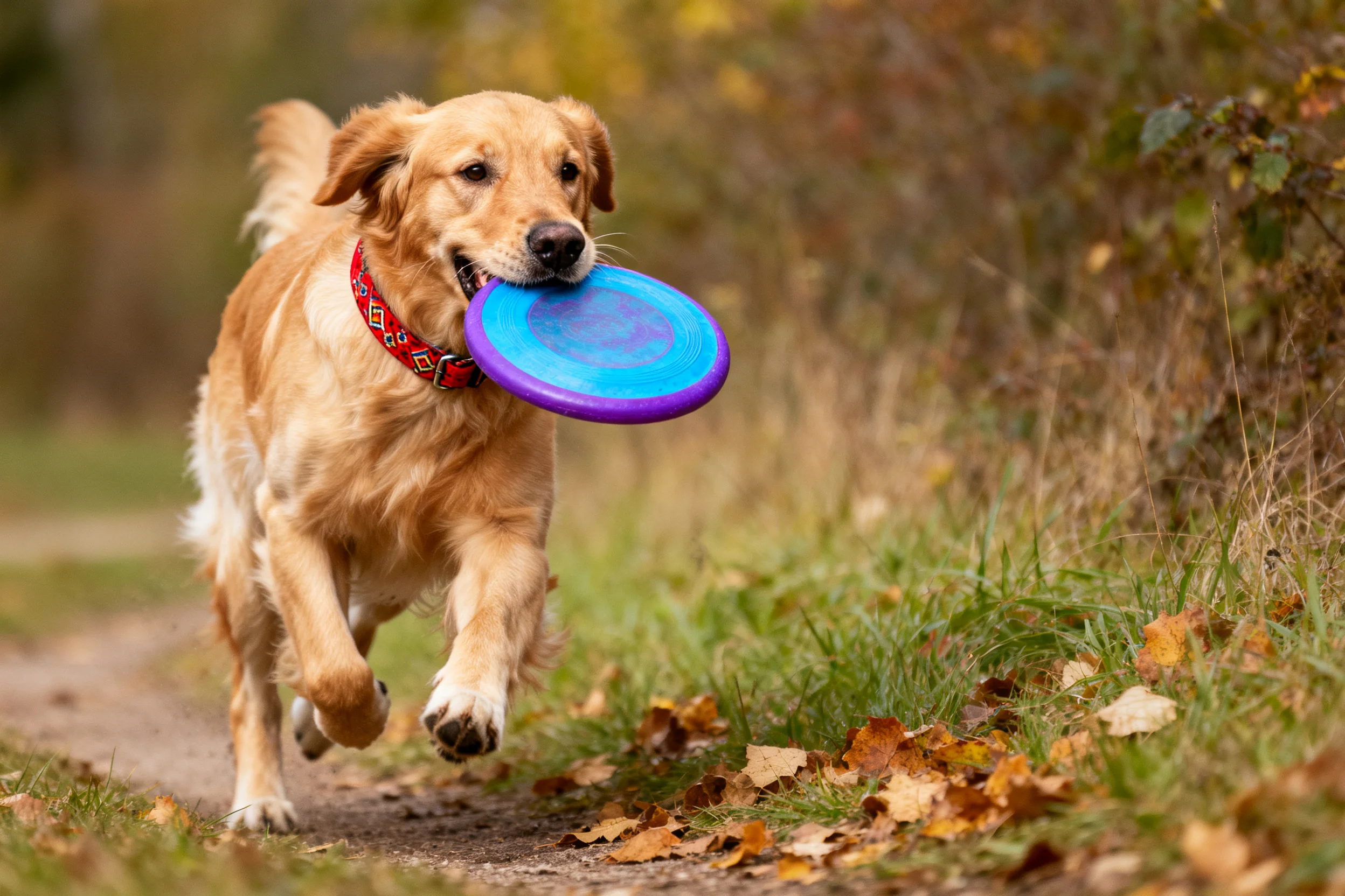 金毛寻回犬叼着蓝紫色飞盘在户外小径上奔跑,红色项圈清晰可见。
