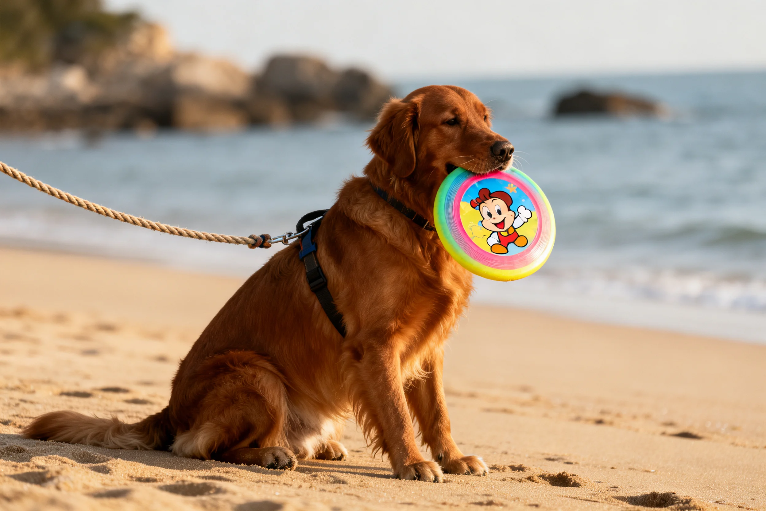 金毛寻回犬叼着印有卡通形象的彩色飞盘,嘴巴周围沾着少量沙粒。