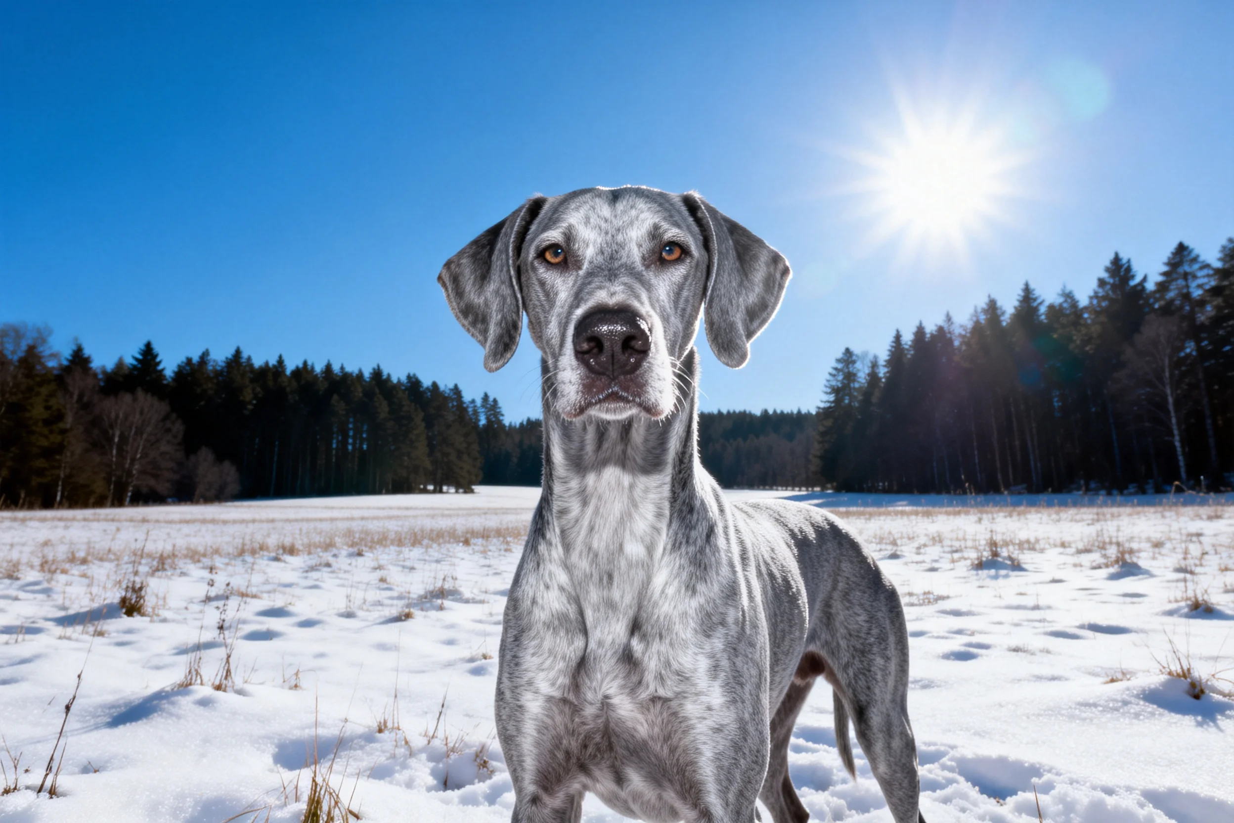 威玛猎犬银灰色被毛在阳光下泛着金属光泽,眼神平静注视前方。