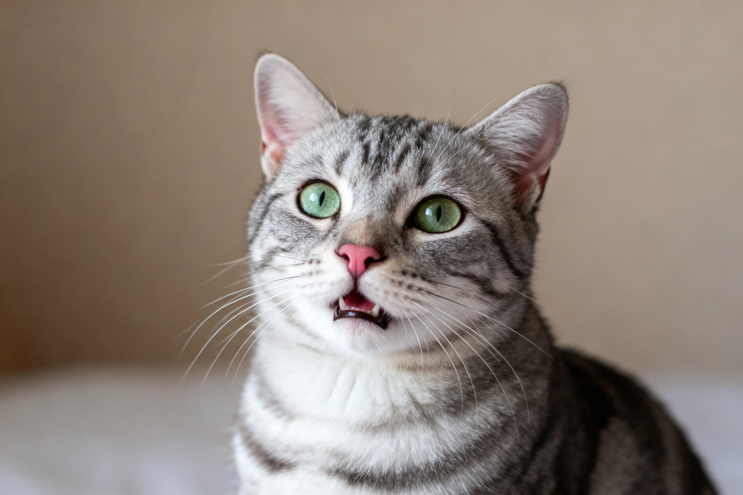 一只银虎斑短毛猫,拥有银灰色带条纹的被毛和明亮的绿色眼睛,嘴巴微微张开露出粉色舌头。