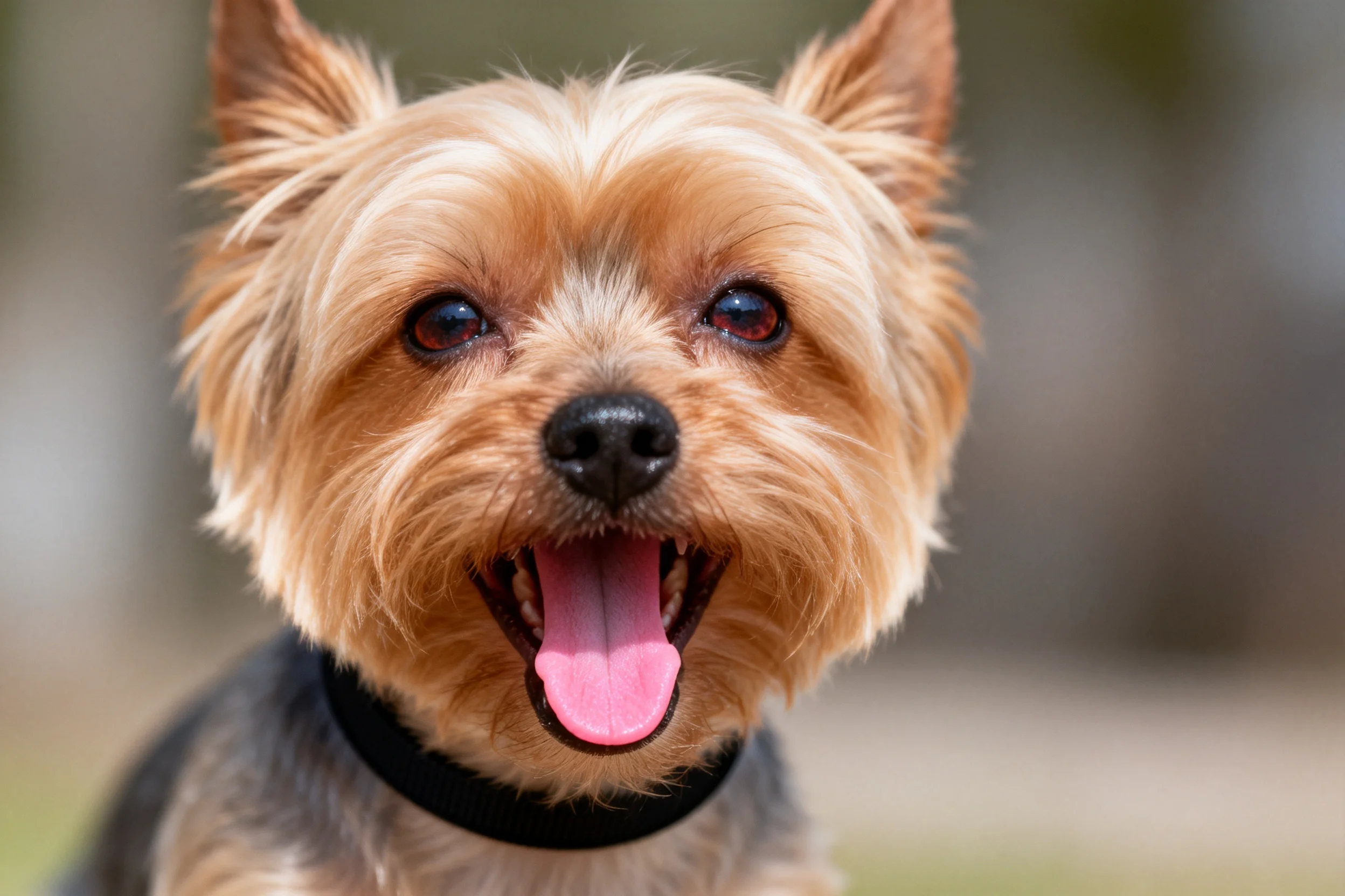 一只约克夏梗犬在户外特写镜头中,嘴巴张开露出粉红色舌头,毛发着黑色项圈。