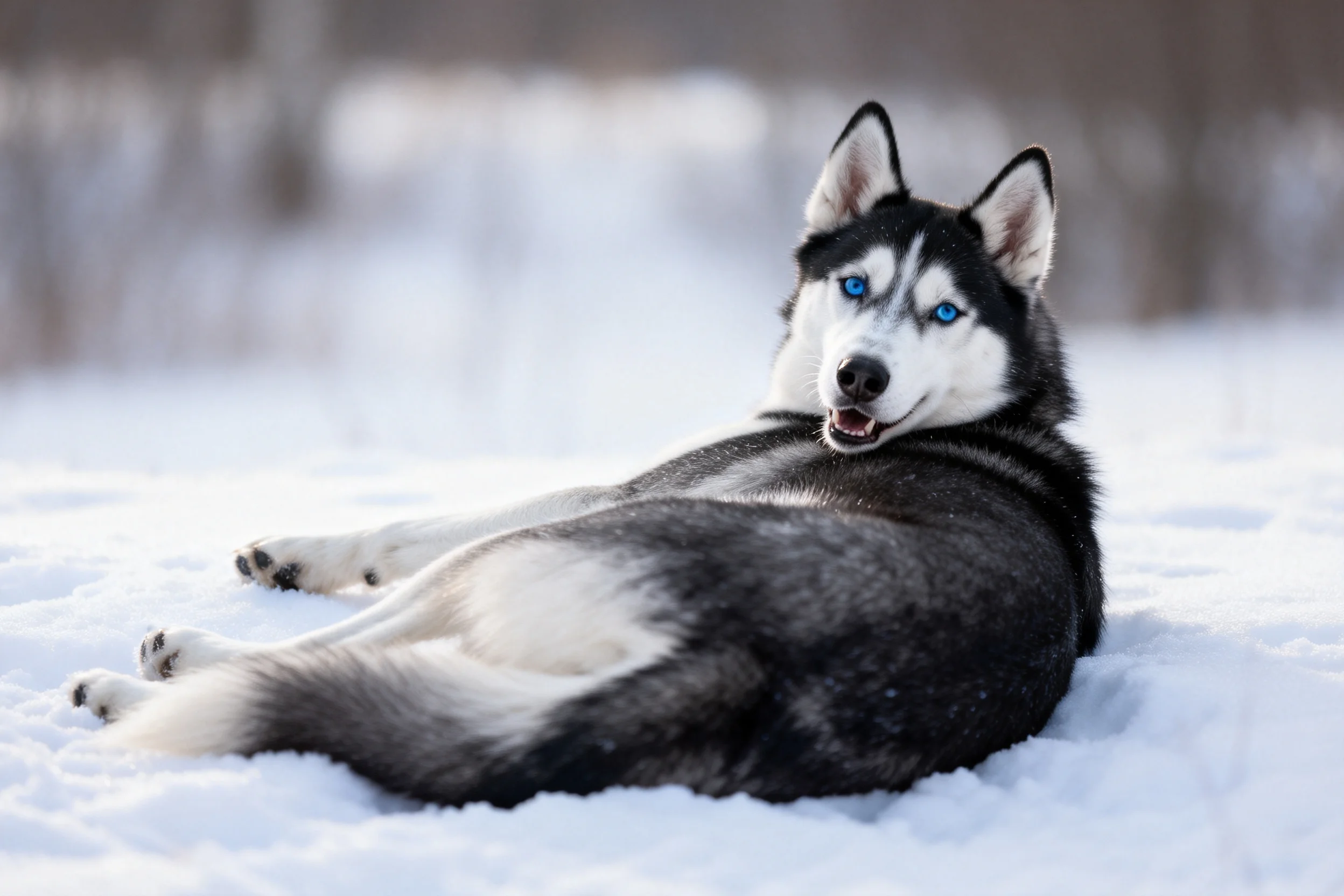 西伯利亚雪橇犬安静地躺在雪地上,蓝眼睛明亮清澈,毛发蓬松柔软贴在身上。