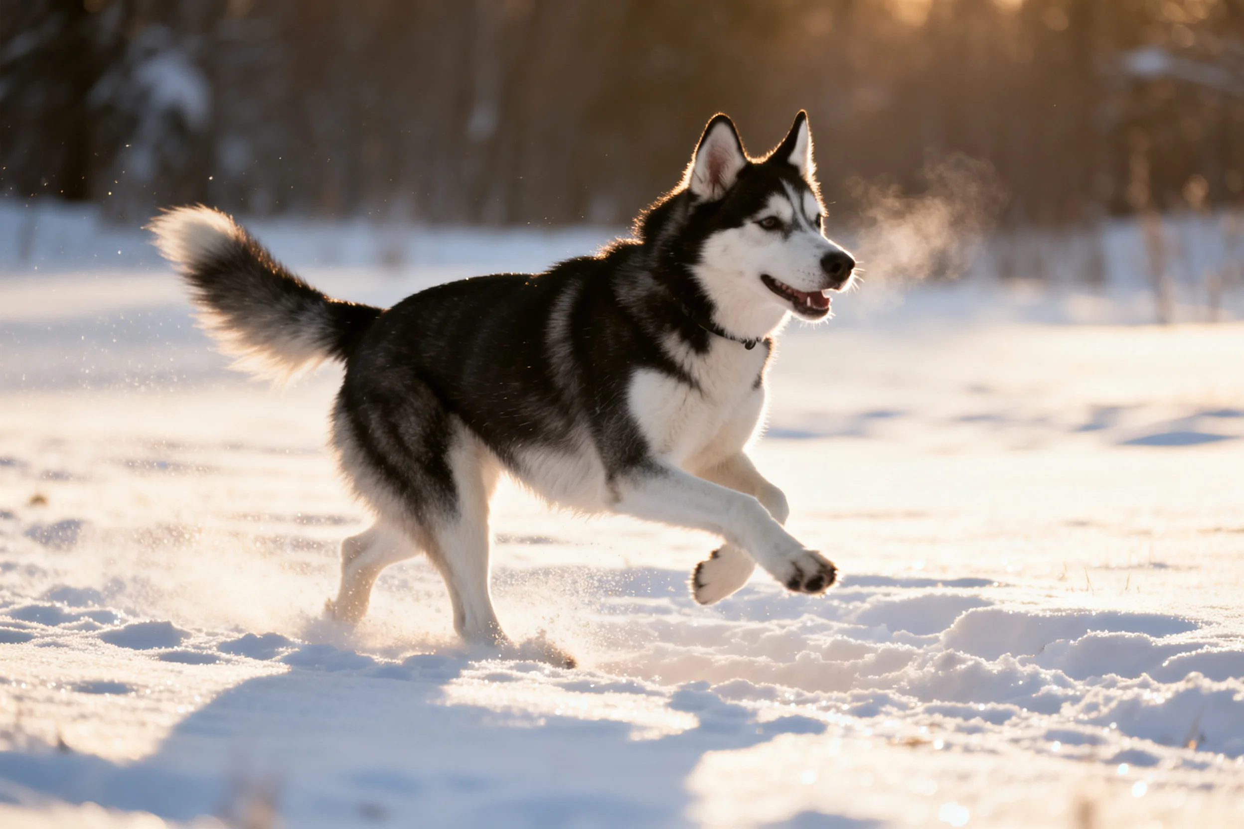 西伯利亚雪橇犬在雪地上奔跑,黑白相间的被毛清晰,尾巴高高扬起。