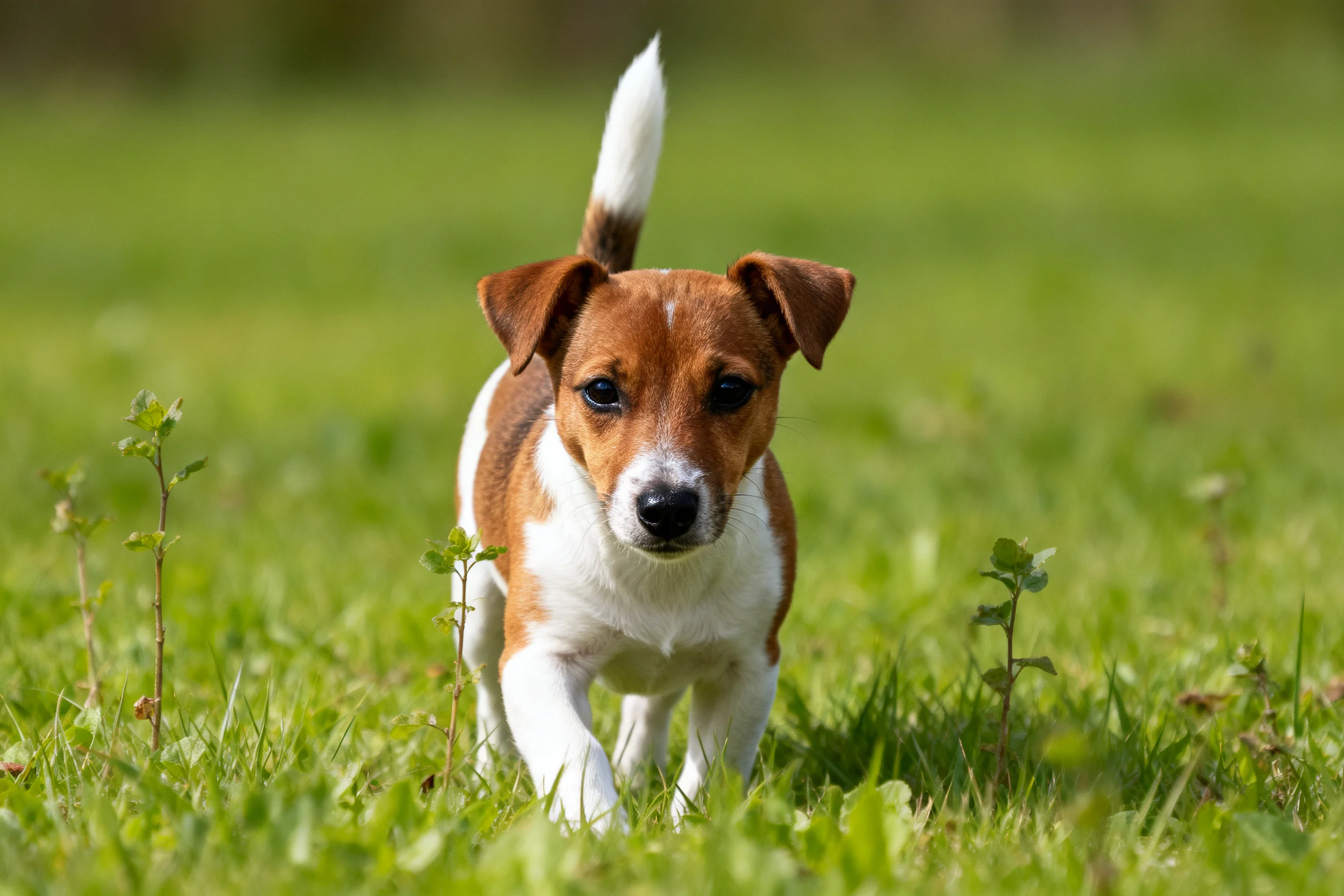 一只杰克罗素梗幼犬,棕白相间的被毛,在绿色草地上奔跑,尾巴高高翘起。