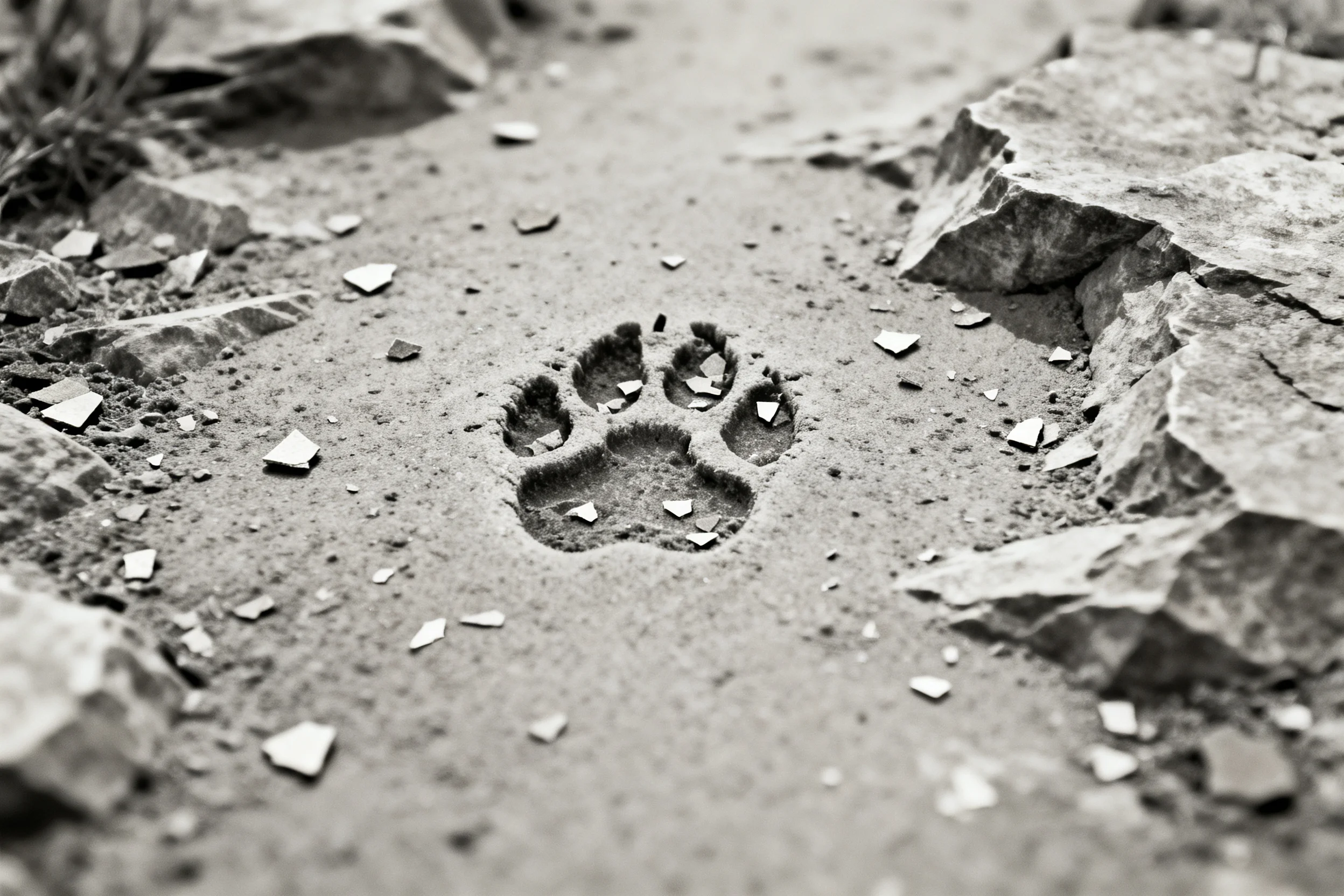 猫科动物的足迹清晰地印在碎石地面上,展现出五趾分明的掌垫形态。