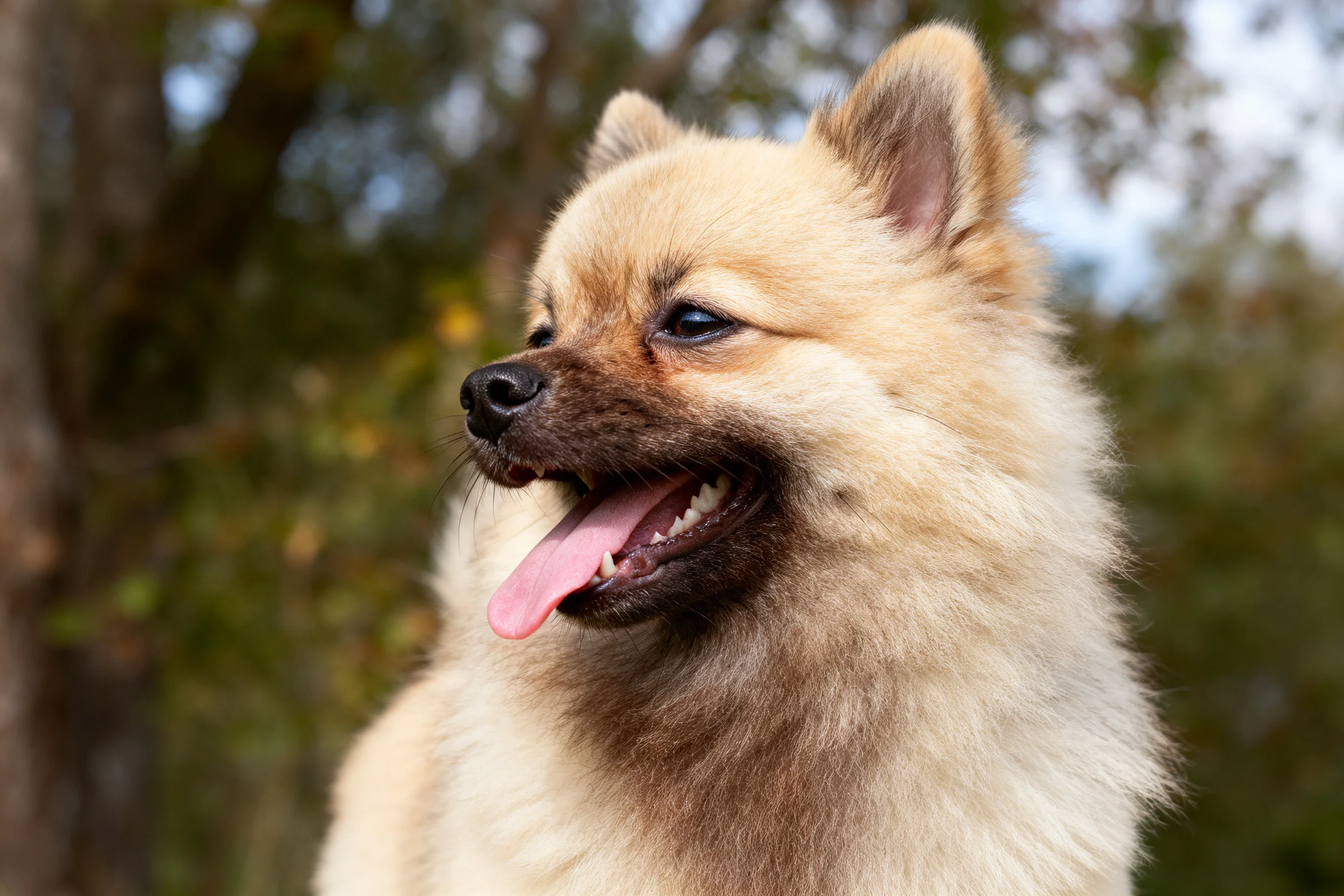 一只博美犬张开嘴,露出湿润的粉色舌头,浅棕色蓬松毛发。
