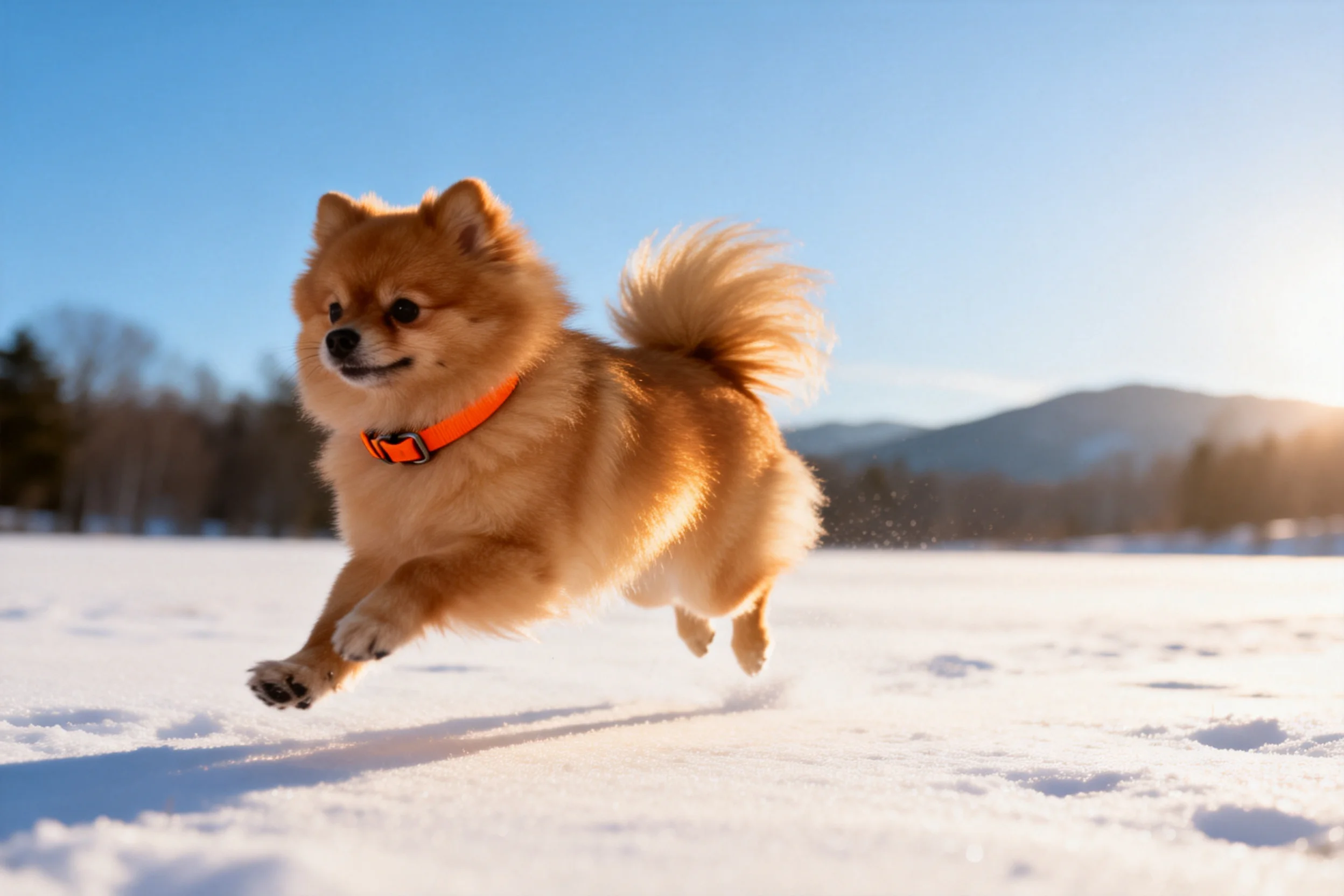一只博美犬在雪地上奔跑,毛发蓬松且带有光泽,展现出活跃的姿态。