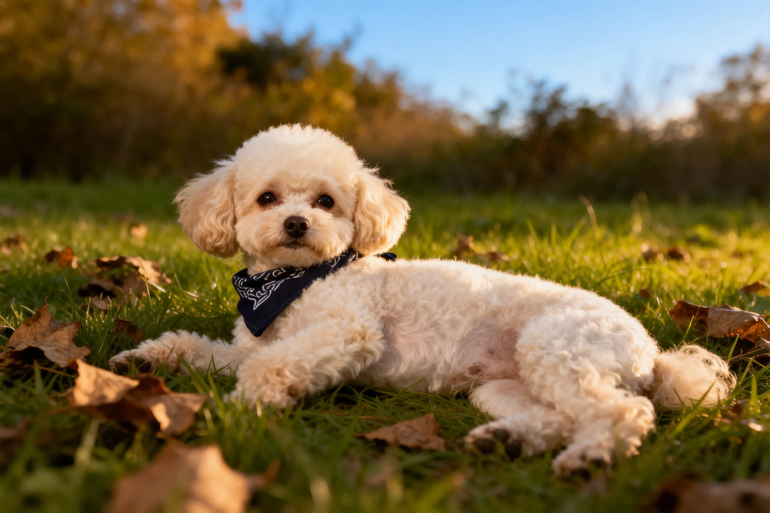 卷只卷毛比熊犬,蓬松洁白的卷毛在阳光照射下显得柔软,脖子上系着深蓝色丝巾,安静地躺在草地落叶间。