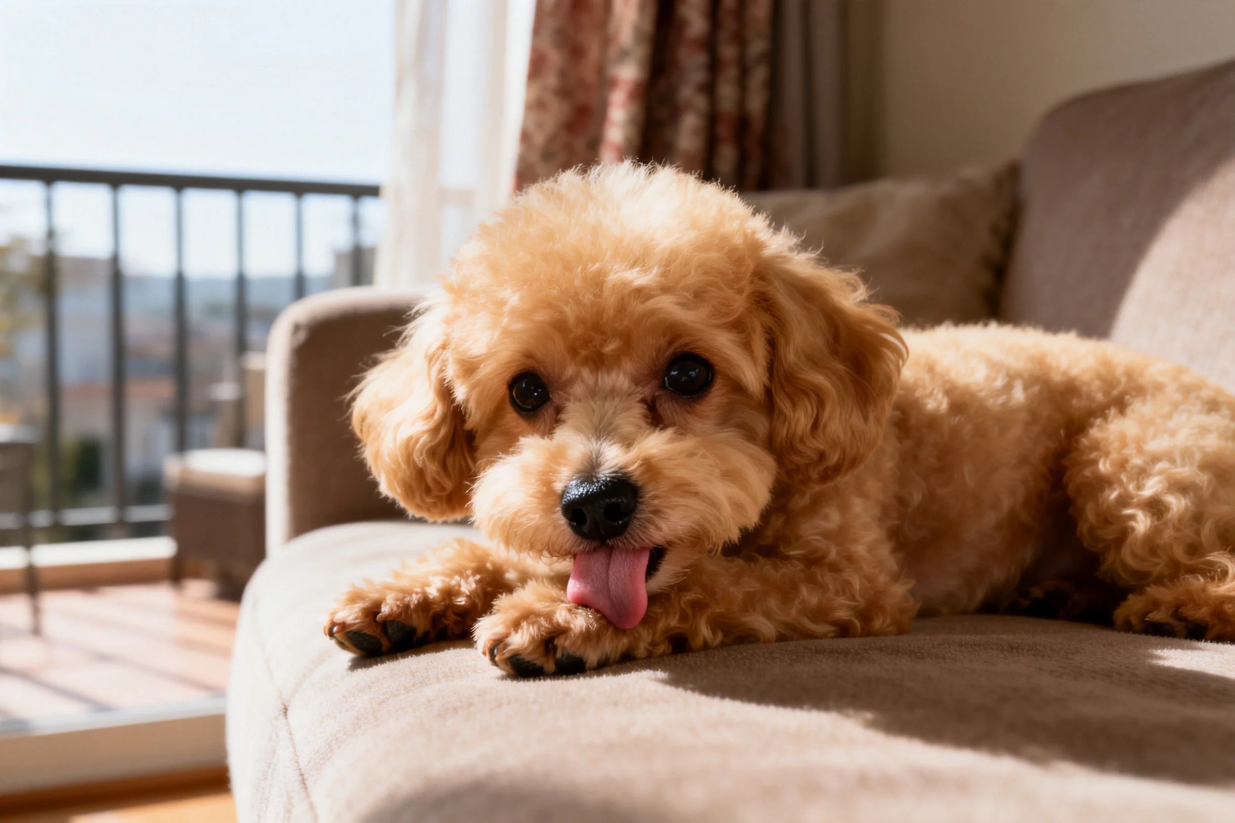 玩具贵宾犬趴卧在沙发上,金色卷曲毛发垂落,嘴巴张开露出粉色舌头。