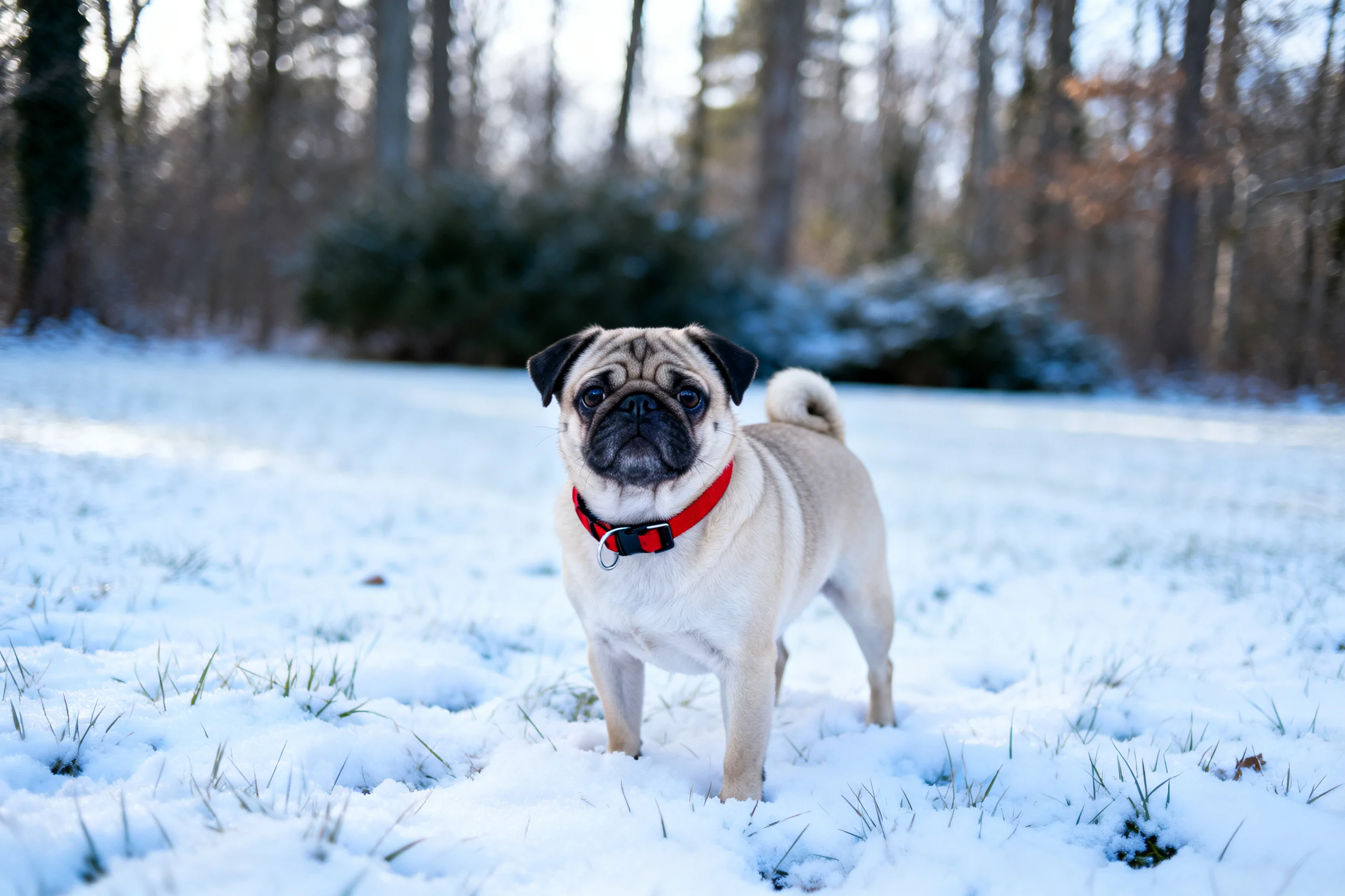 巴哥犬站在雪地中,浅棕色毛发与红色项圈清晰可见,面部皱纹明显。