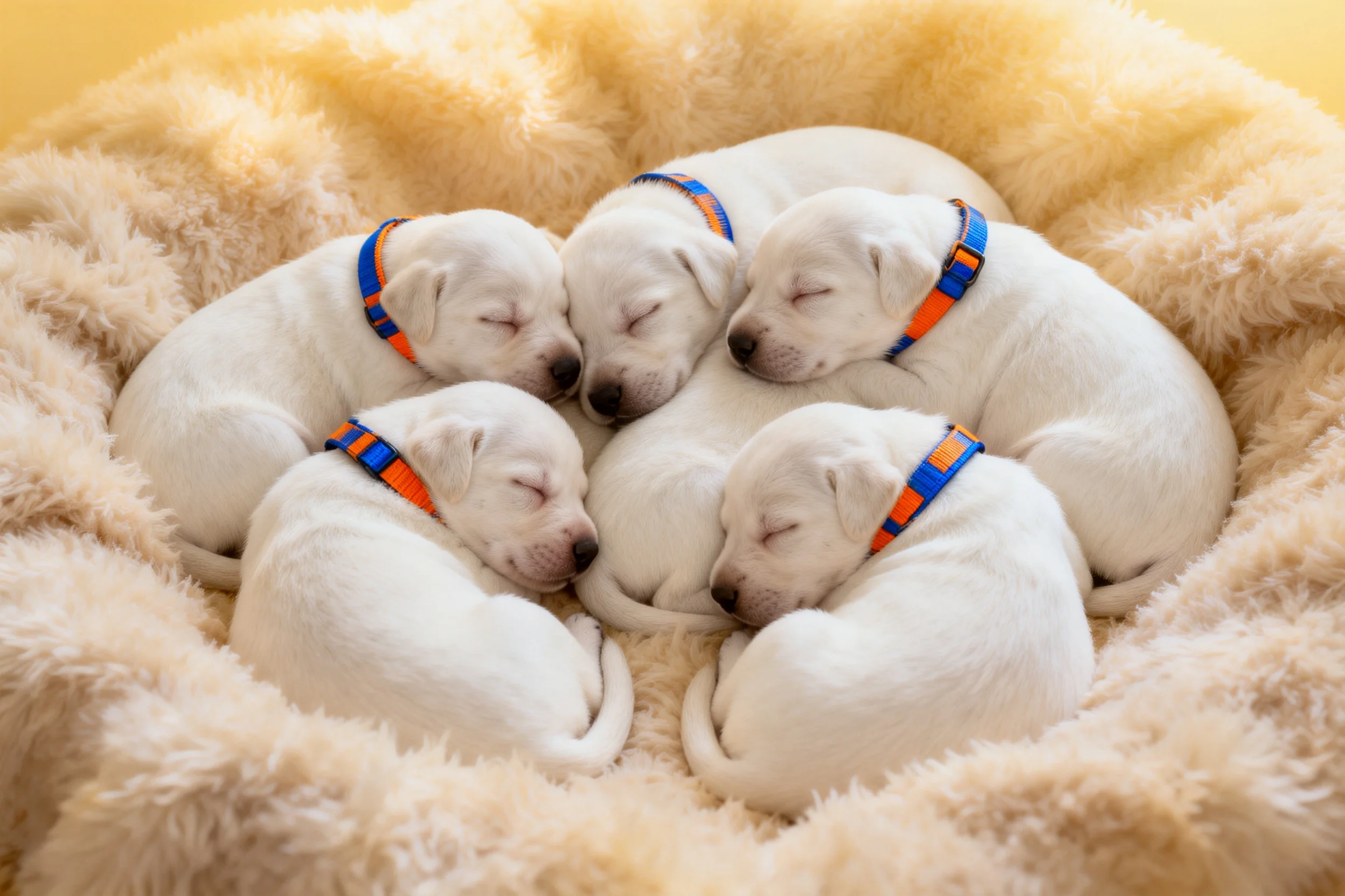 白色拉布拉多幼犬戴着蓝橙相间的项圈,在柔软的绒布床上安静睡觉,通体雪白被毛贴紧身体。