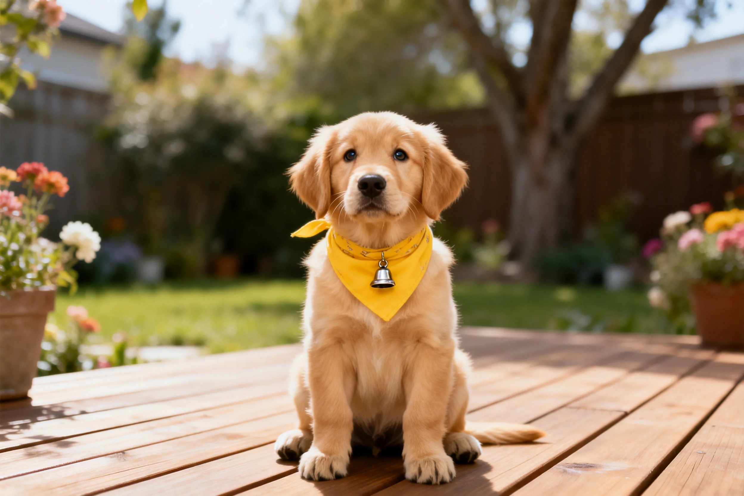 金毛寻回犬幼犬戴着黄色丝巾,坐在木质平台上,耳朵柔软且毛发金黄。