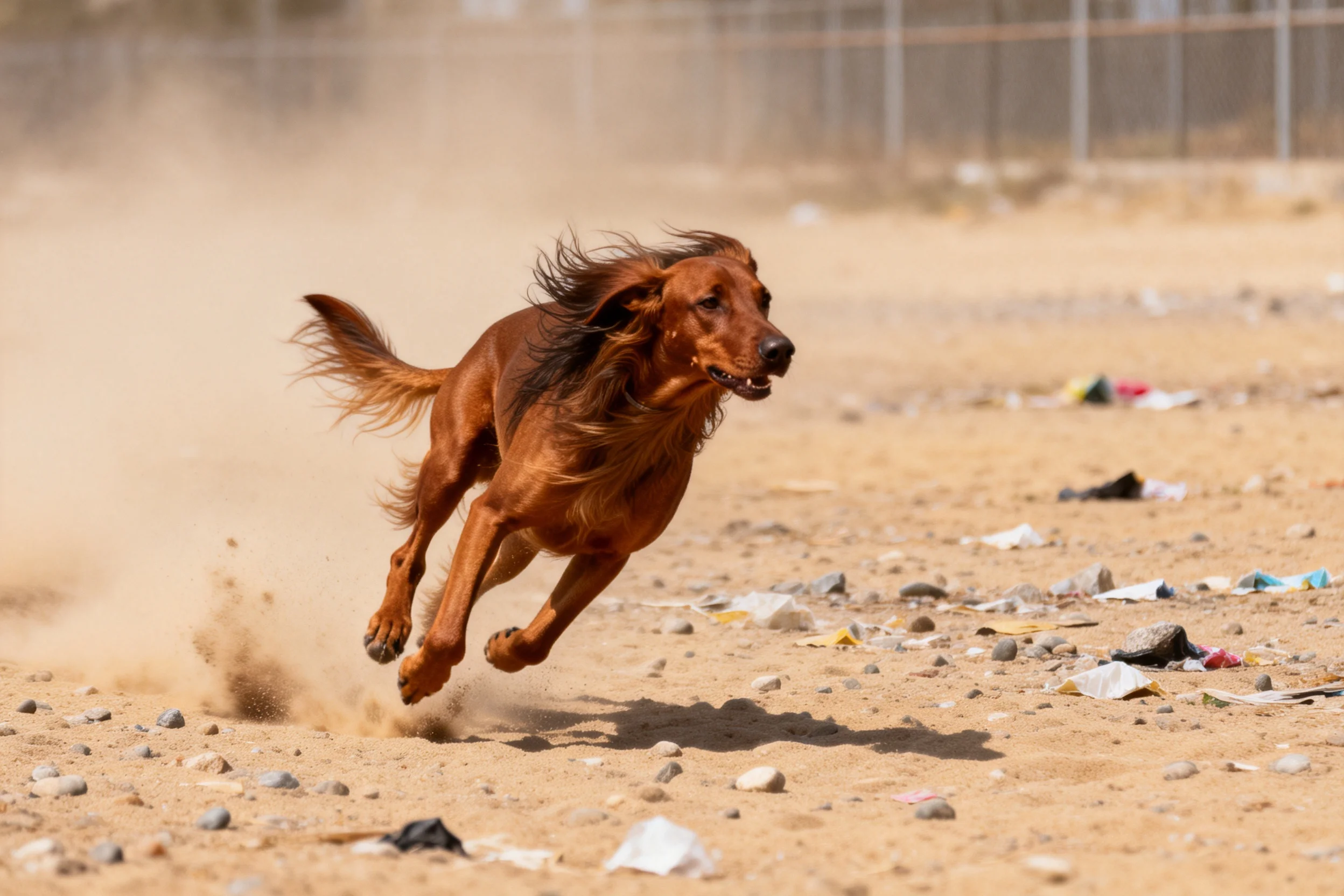 爱尔兰赛特犬在沙地上快速奔跑，红棕色长毛随动作大幅度扬起。