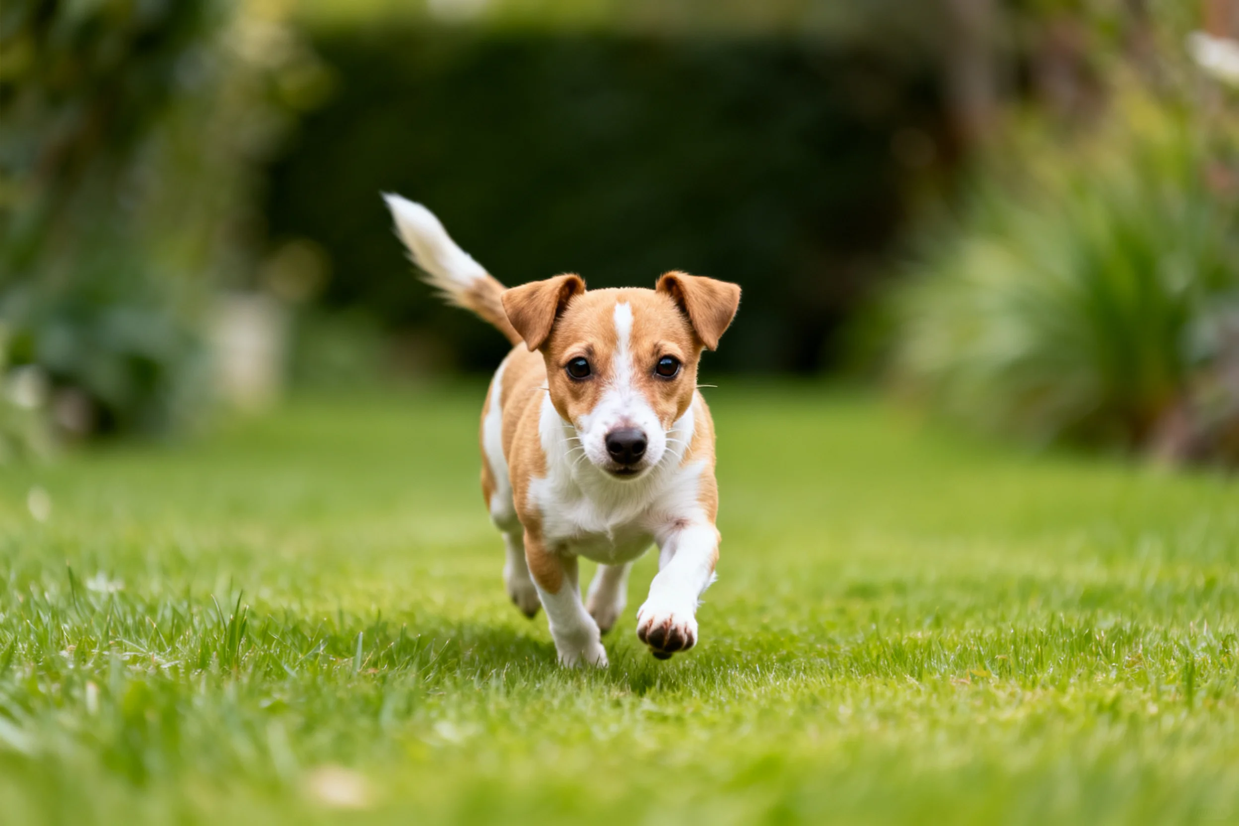 杰克罗素梗犬在草地上奔跑,浅棕色与白色相间的被毛清晰可见,四肢有力摆动。
