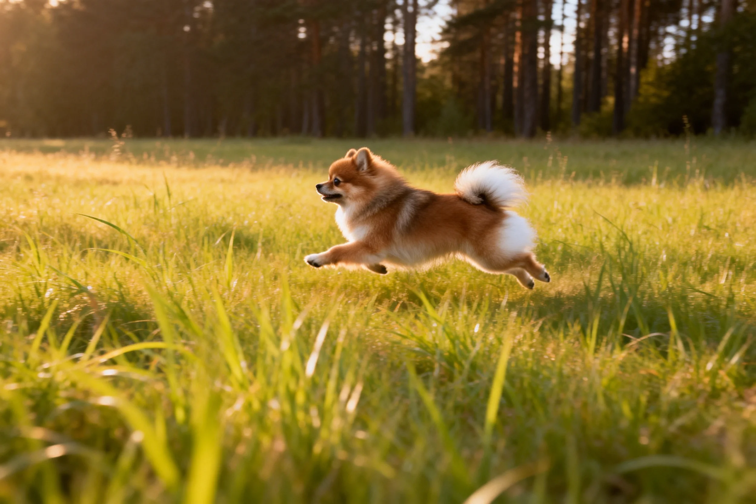 一只博美犬在阳光明媚的草地上跳跃,红棕色与白色相间的毛发清晰可见。