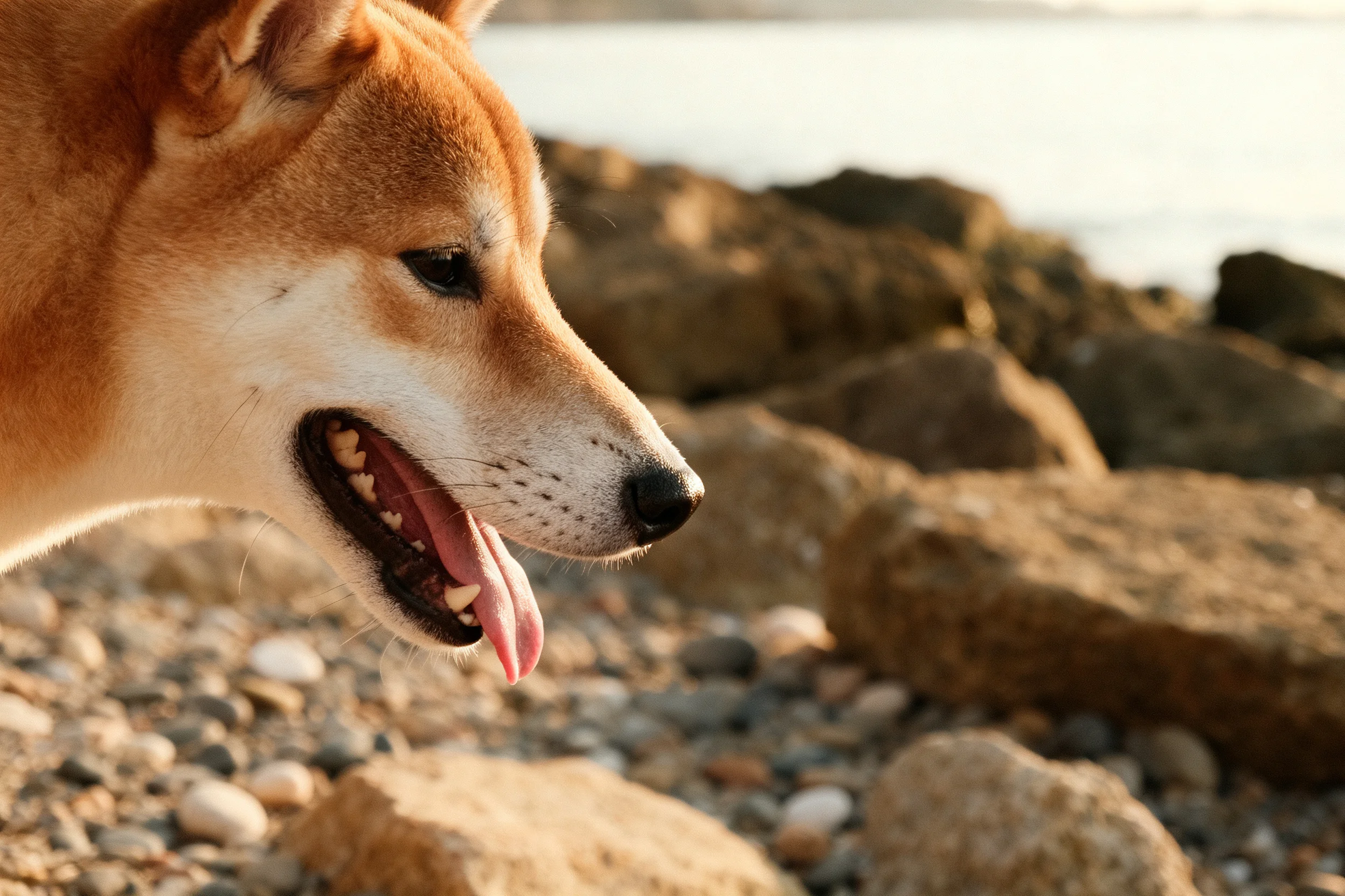 柴犬嘴巴张开,舌头外伸,呈现棕色与白色相间的毛发清晰可见。