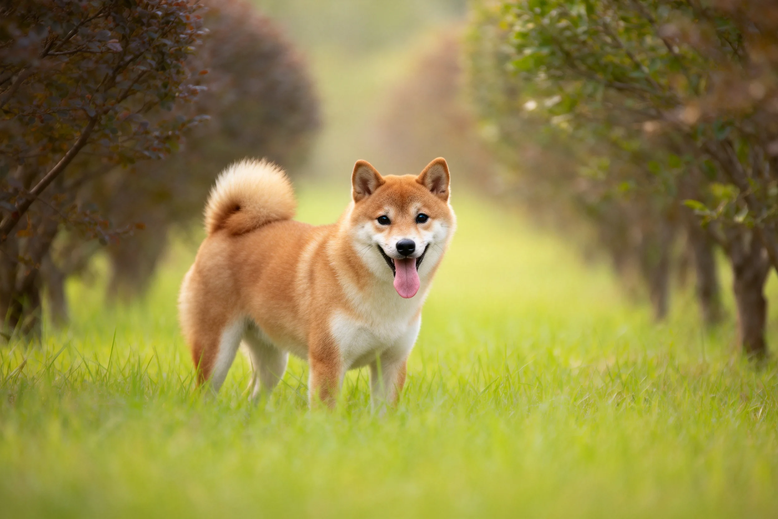 一只秋田犬站在树林间的草地上,舌头伸出,毛发蓬松柔软。