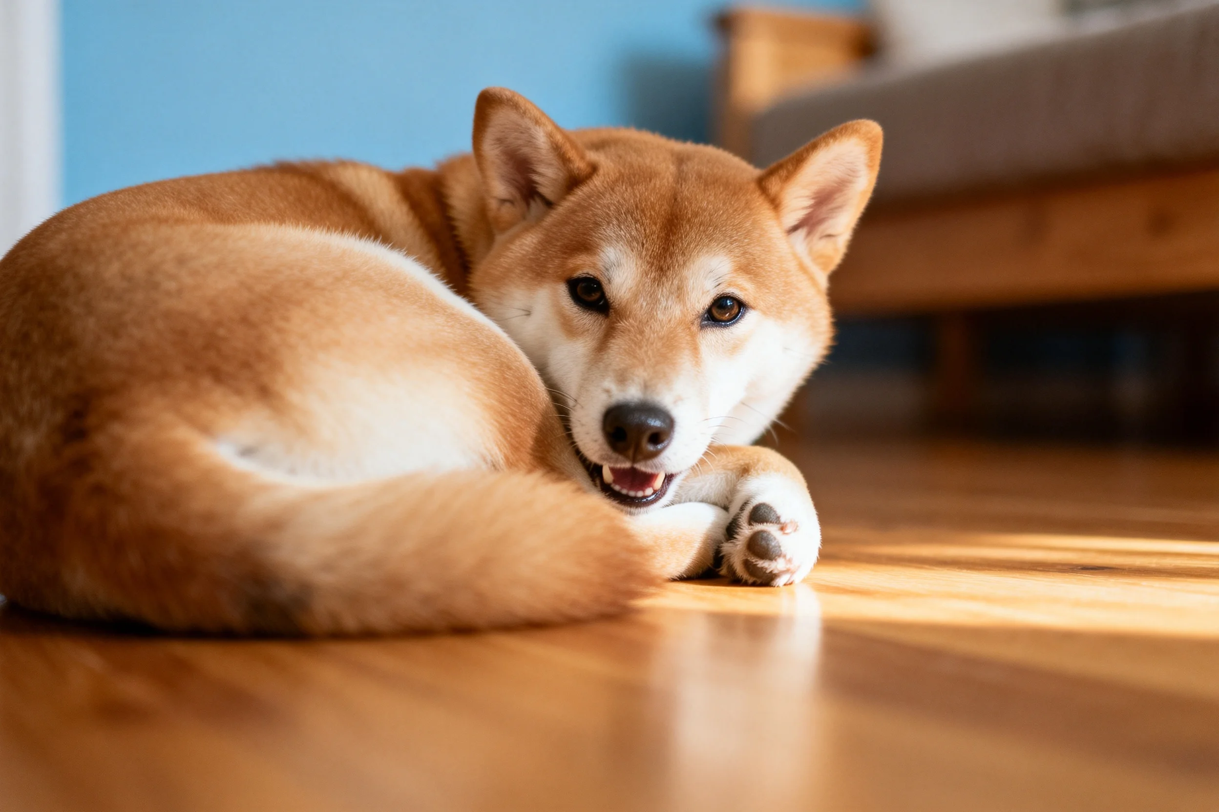 室内木质地板上的柴犬，浅棕色带白色斑纹，耳朵竖立，阳光照在其蓬松柔软的毛发上。