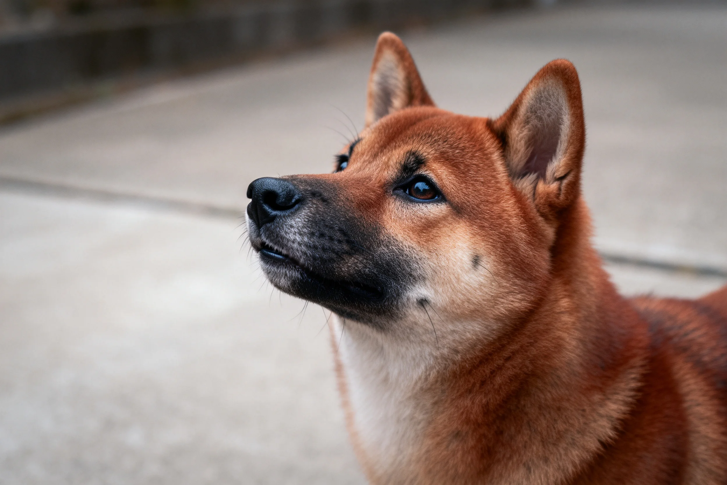 一只红棕色毛发的柴犬,目光专注地看向远方,耳朵高高竖起。