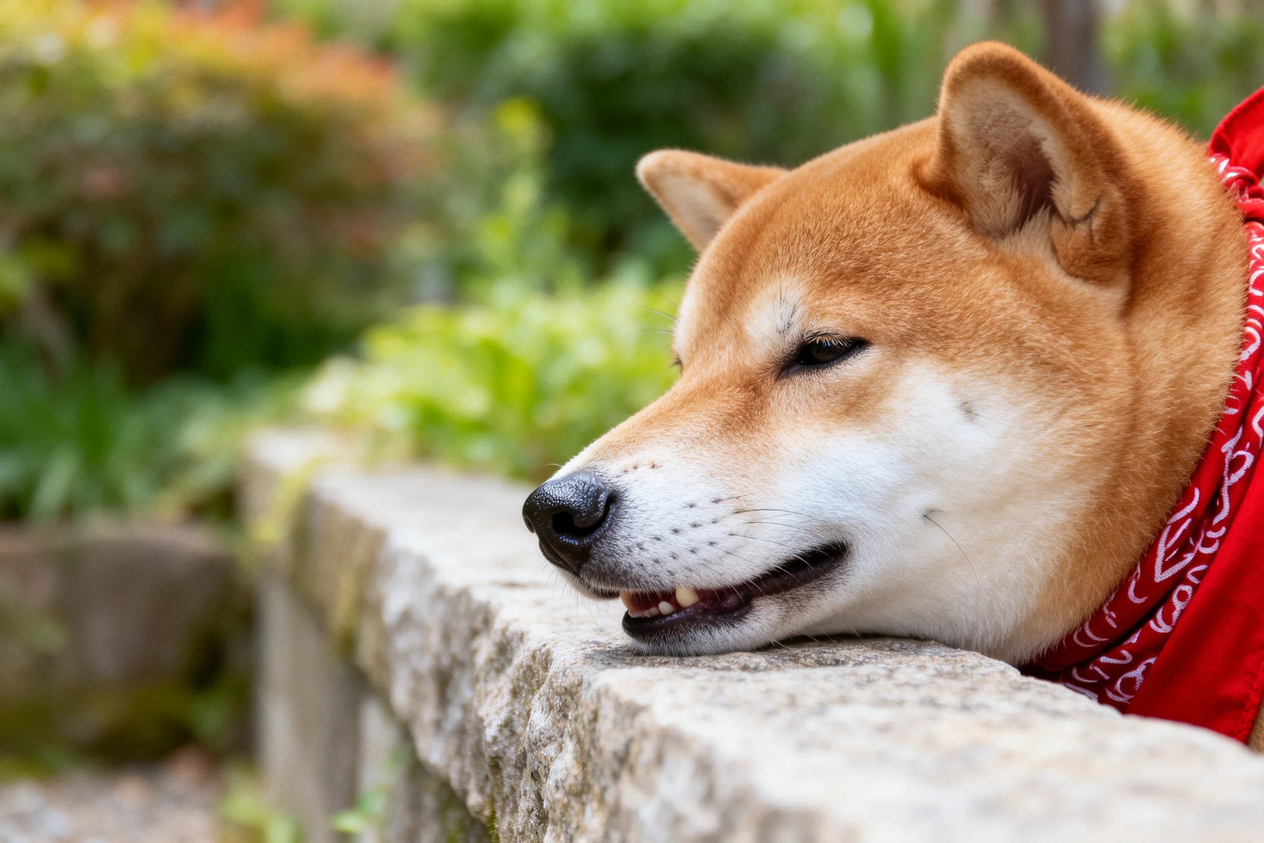 柴犬将头靠在园林石栏杆上,红色布巾环绕颈部,浅棕与白色毛发清晰可见。