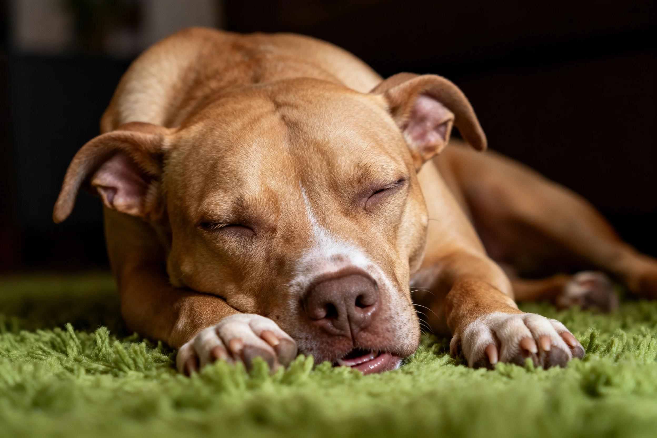 美国斯塔福梗犬双眼闭合趴卧在绿色地毯上,浅棕色带白纹的被毛,前爪爪垫清晰可见。