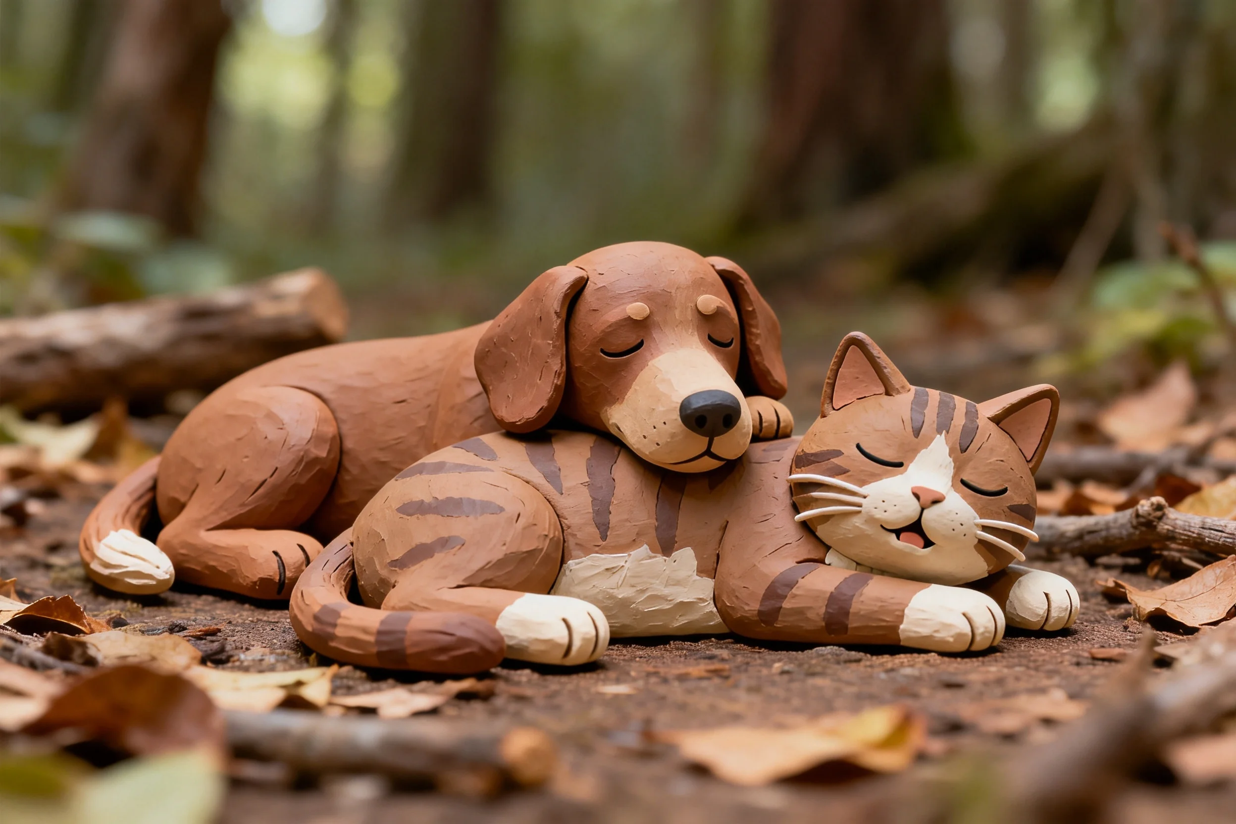 陶制狗雕塑和陶制猫雕塑安静依偎在一起,陶制猫雕塑的爪子呈白色,表面有清晰条纹图案。