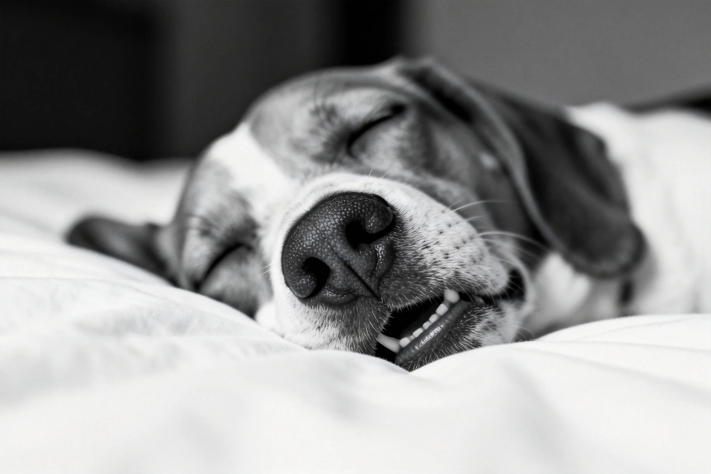 比格犬安静地躺着,鼻子宽大湿润,眼睛闭合,处于睡眠状态。