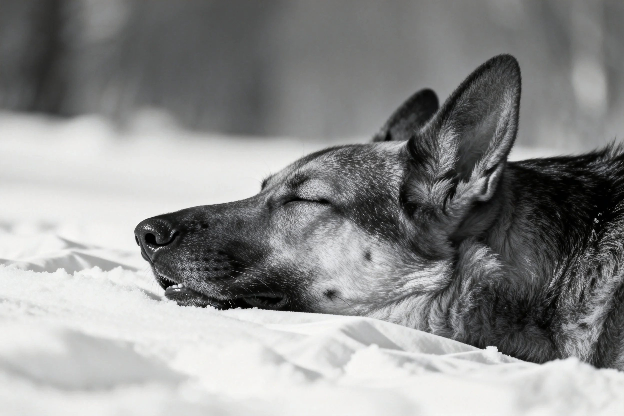 德国牧羊犬双眼闭合,耳部竖立,黑白摄影下毛发纹理清晰可见。
