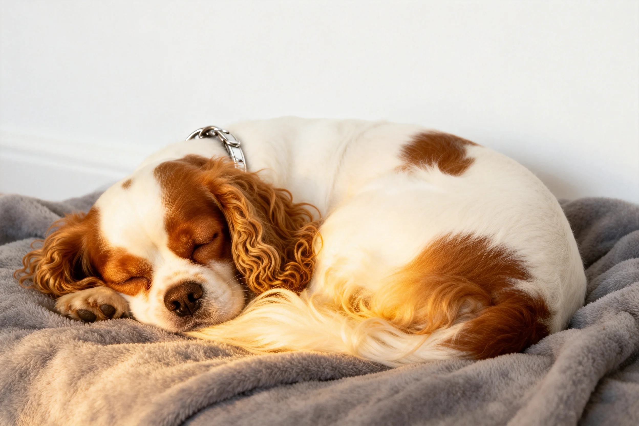 可卡犬蜷缩睡觉,白色与棕色毛发分明,佩戴银色项圈。