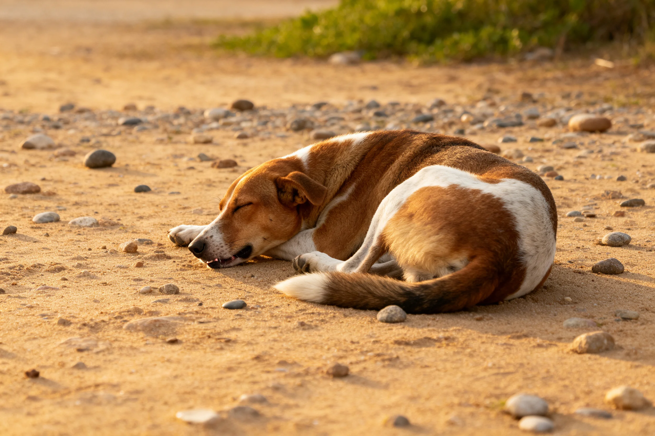 棕白相间的混种犬安静地蜷卧,头部轻触砂石路面,毛发柔顺贴附身体。