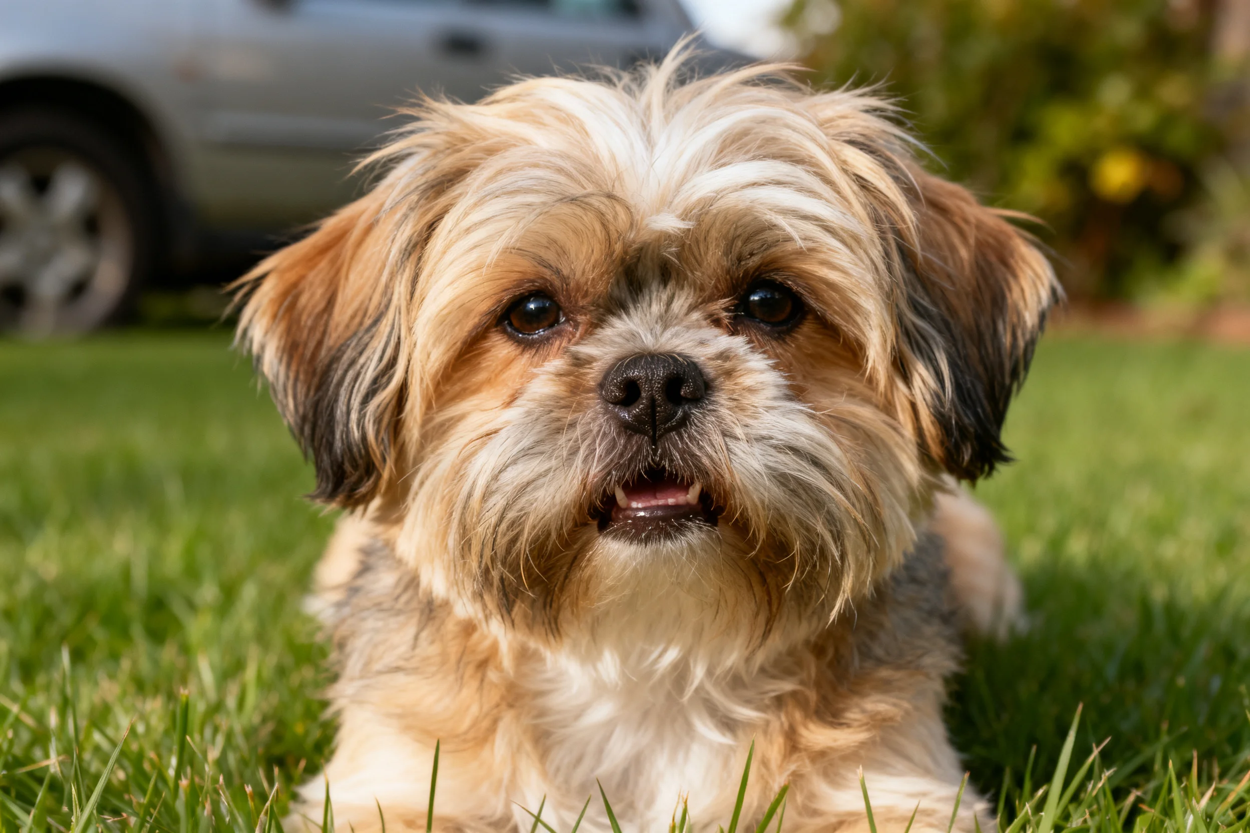 西施犬趴在草地上,棕白相间的毛发清晰可见,嘴巴微微张开。