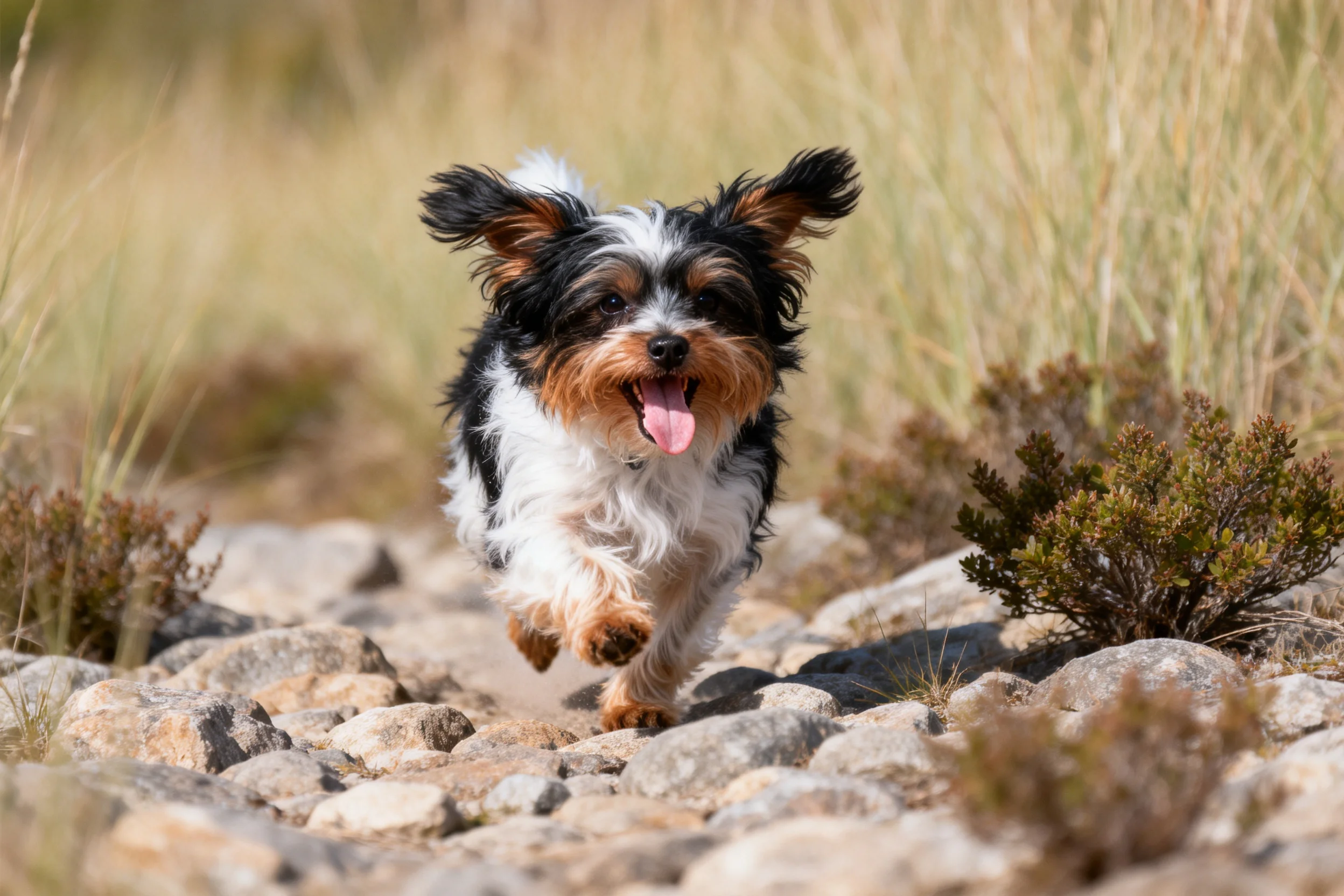 一只小型混种犬在户外碎石路上奔跑,黑白棕相间的毛发清晰可见。