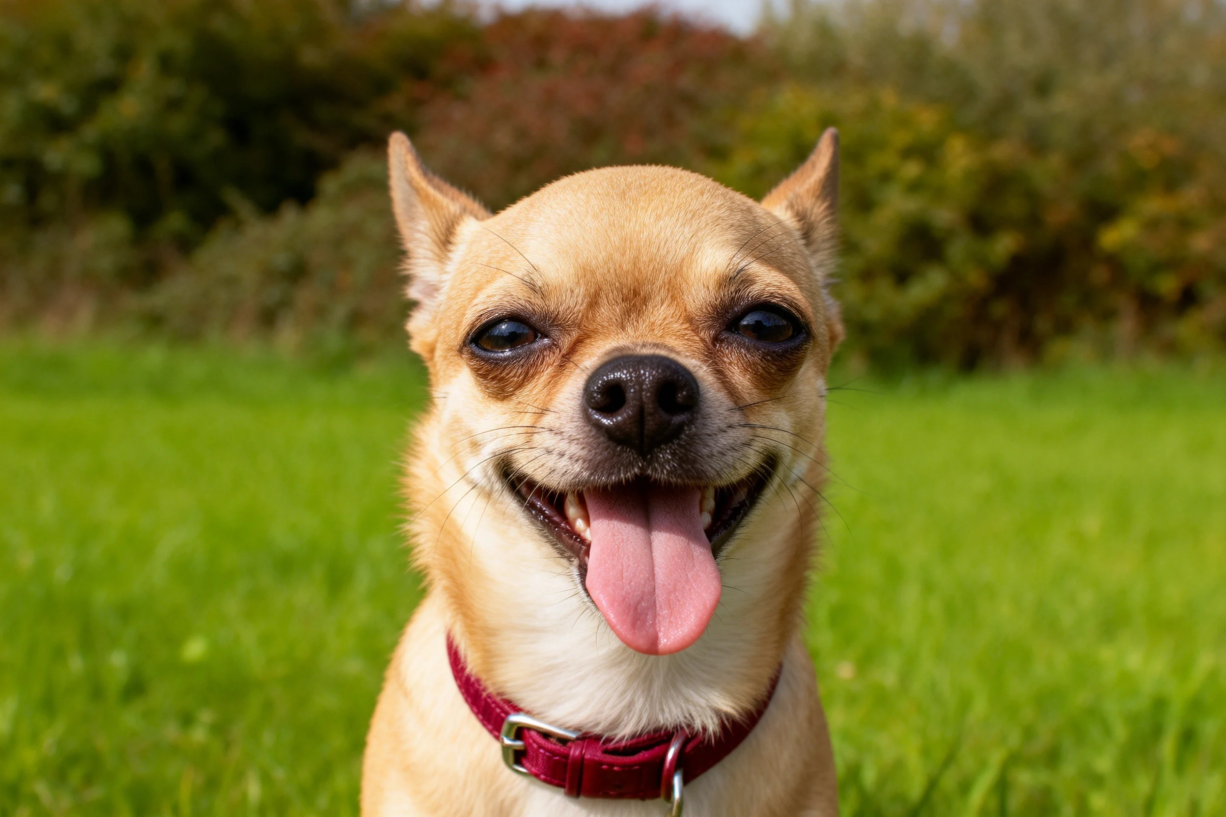 吉娃娃犬张开嘴巴露出粉色舌头，浅棕色毛发搭配红色项圈。