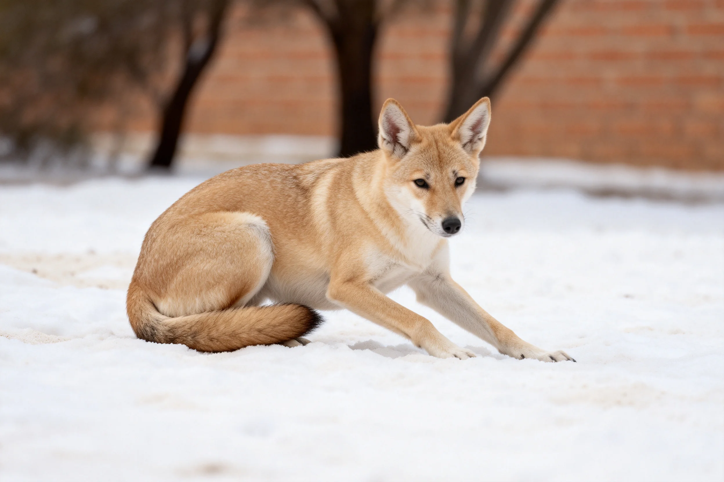 非洲野犬浅棕色皮毛与雪地形成对比，前爪向前伸展的姿态清晰呈现。