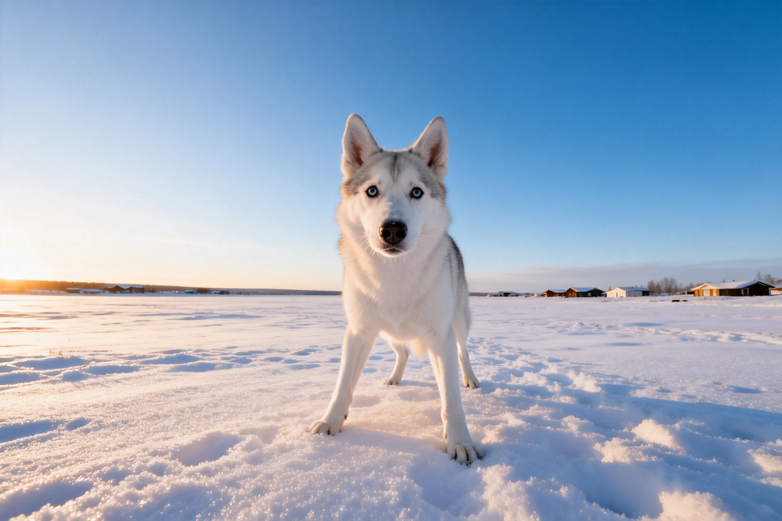 西伯利亚雪橇犬站在雪地上,白色带灰色斑纹的被毛与雪地环境相融合,双眼明亮注视前方。