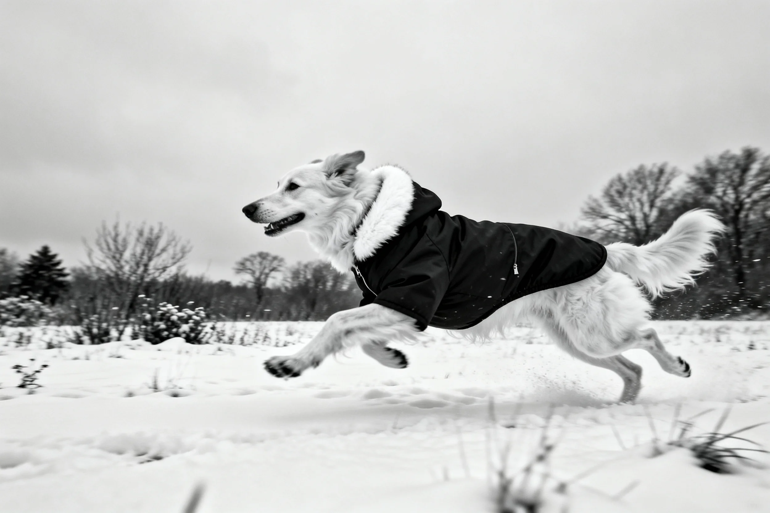 德国牧羊犬穿着黑色外套在雪地中奔跑，白色毛发清晰可见。