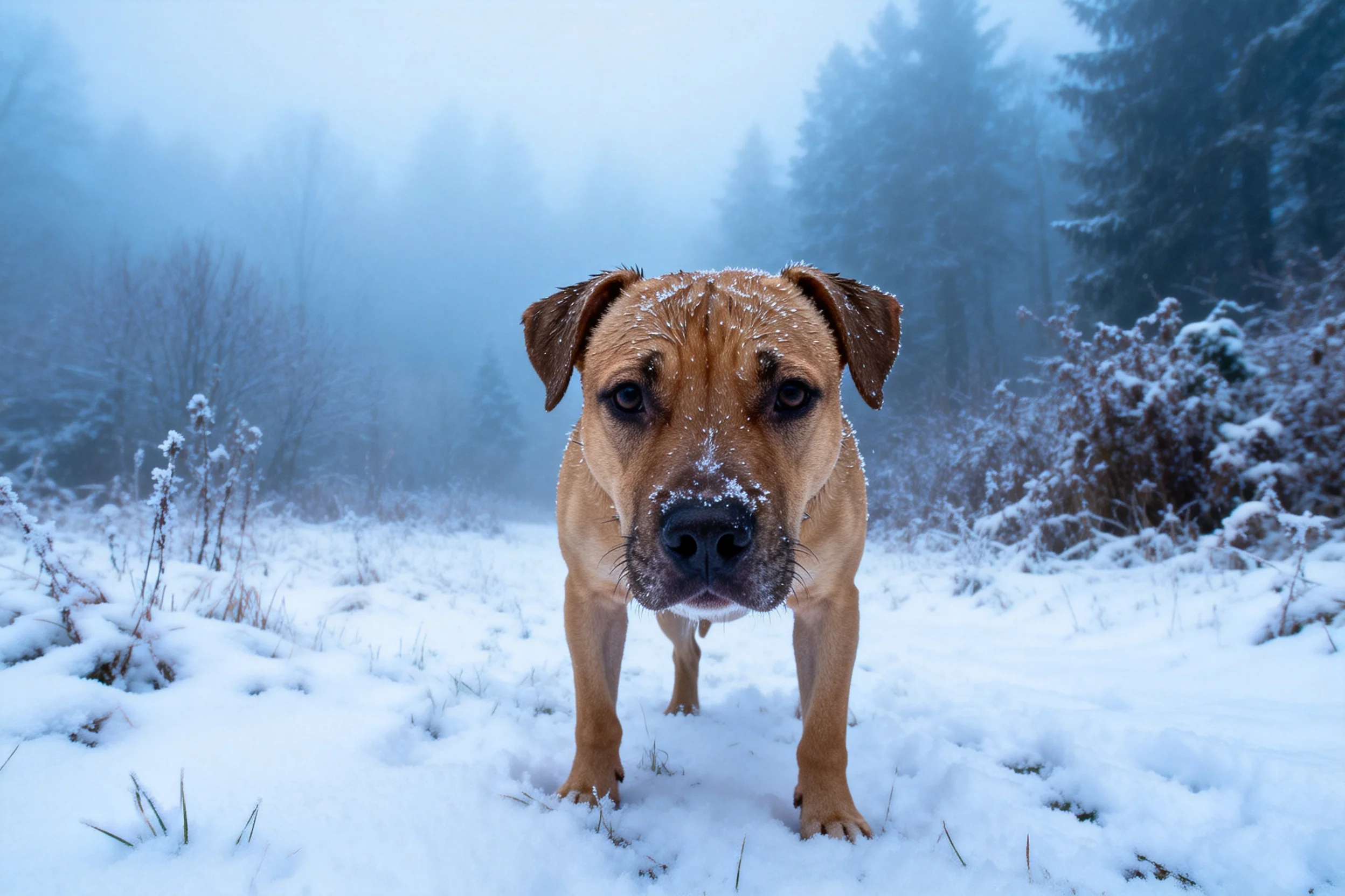 短毛混种犬站在雪地上，鼻端和面部沾有雪花，周围是被雾气笼罩的森林景象。