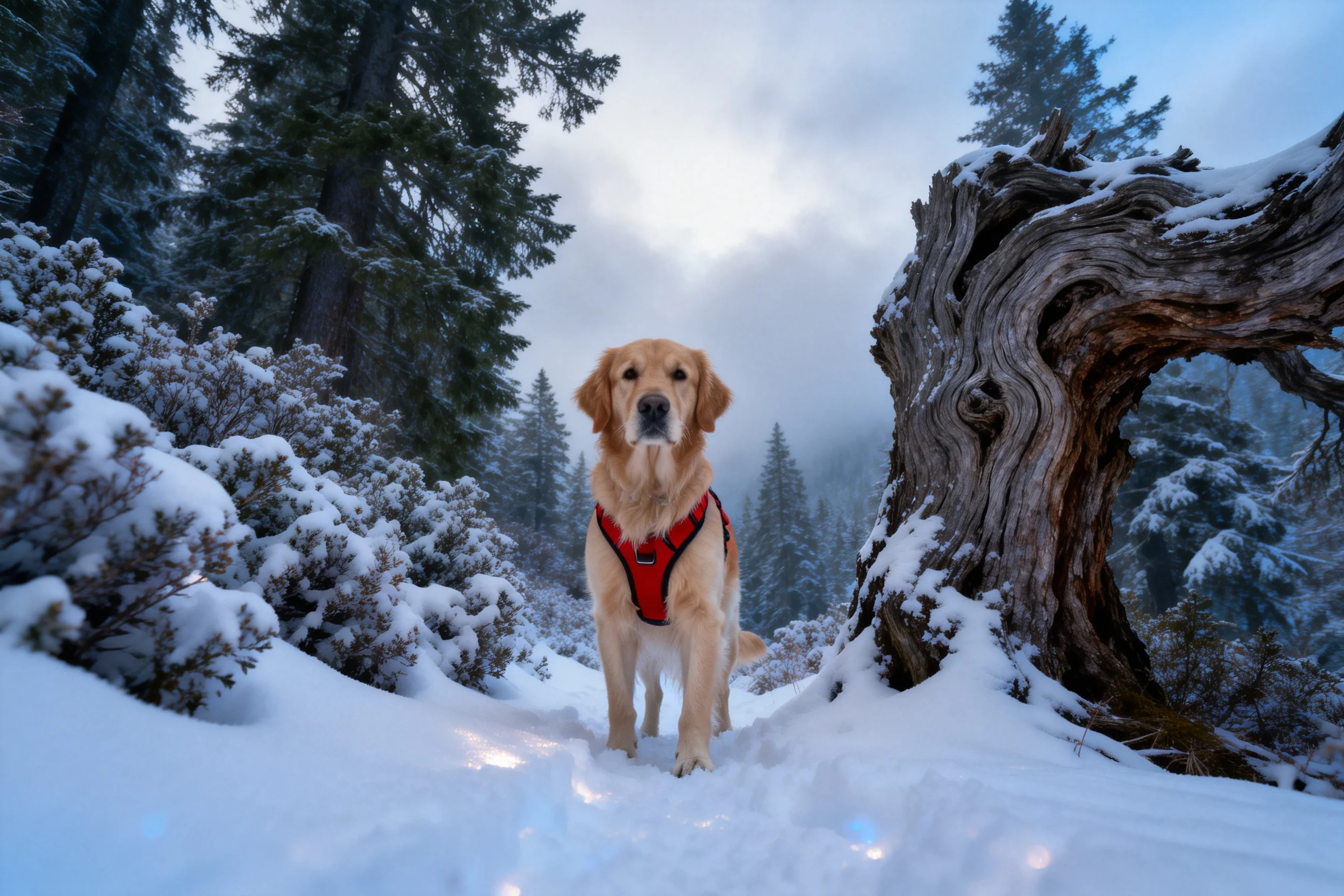 金毛寻回犬穿着红色牵引带站在雪地森林中,毛发柔软顺滑紧贴身体两侧。