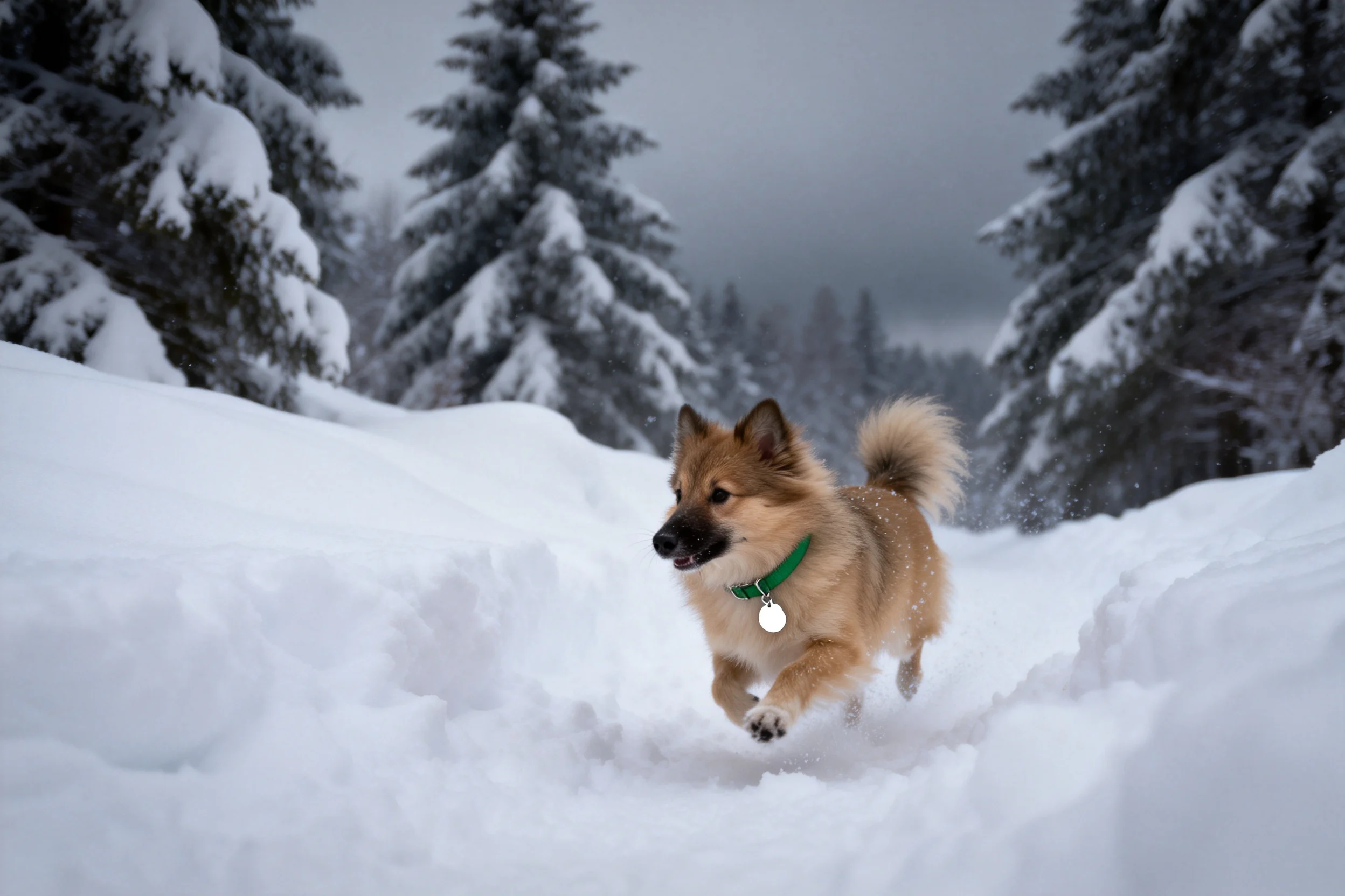 浅棕色被毛的芬兰拉普犬在雪地中奔跑，佩戴绿色项圈。
