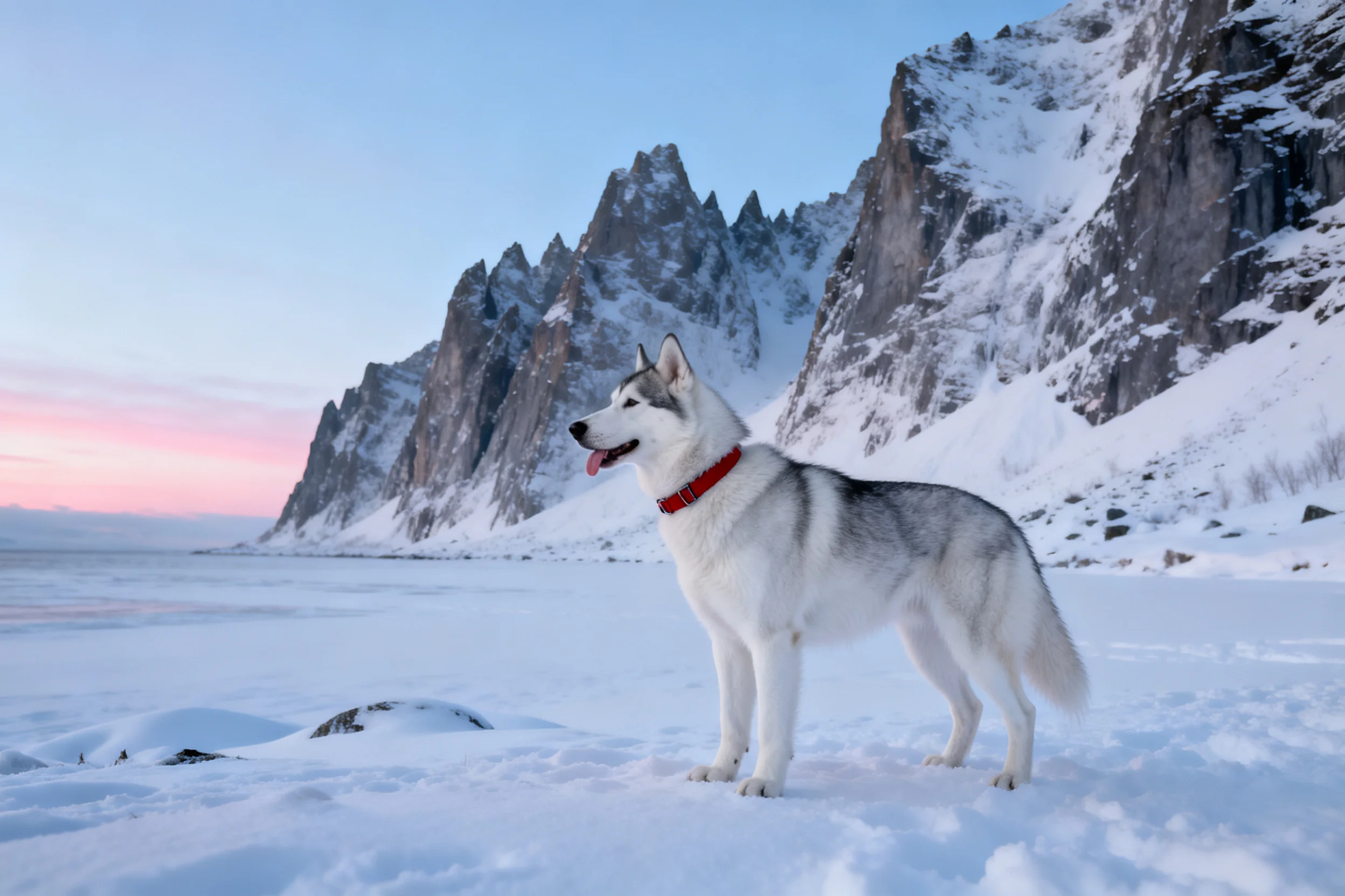 西伯利亚雪橇犬有着灰白色毛发，佩戴红色项圈，站在雪地上，周围是陡峭山峰。